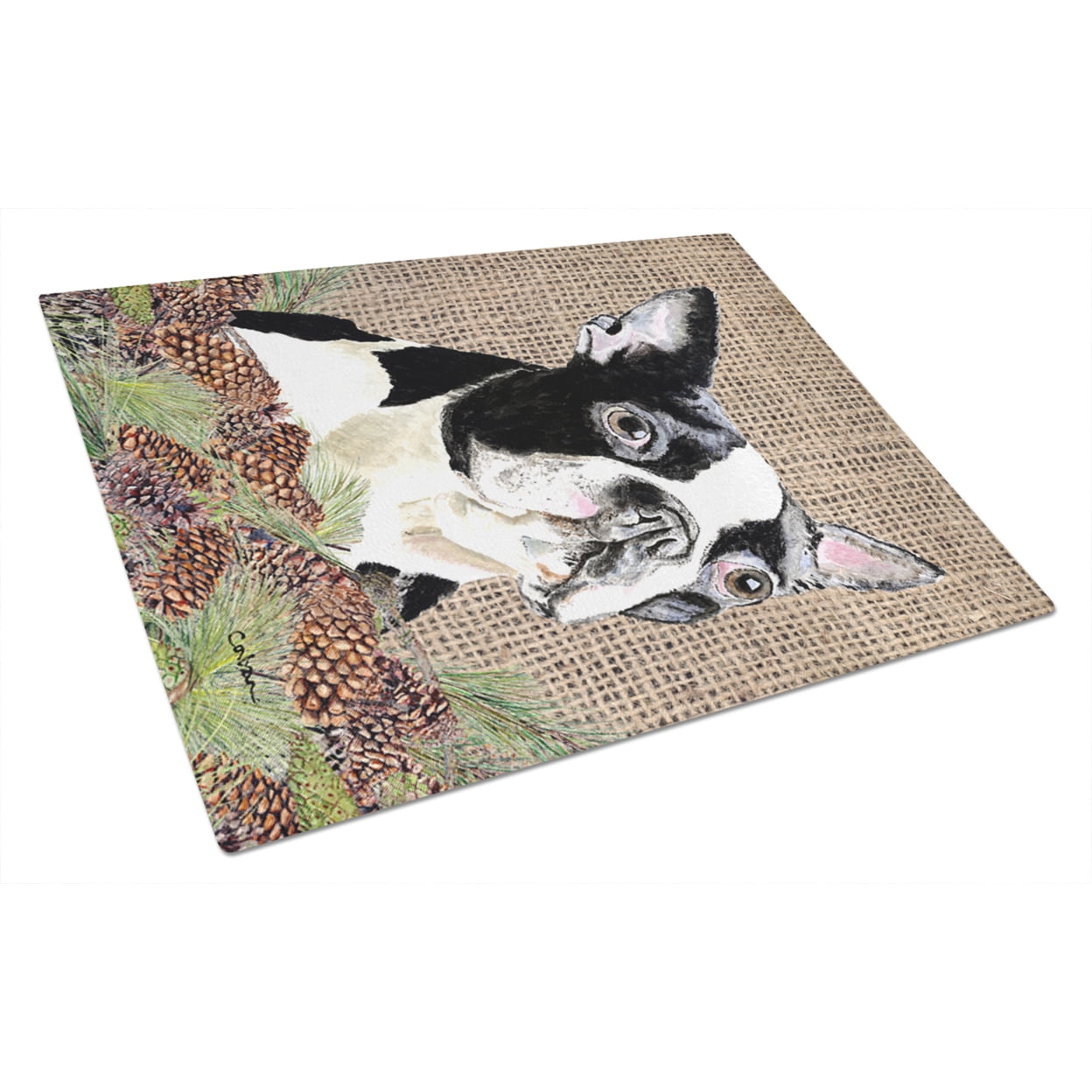 Carolines Treasures SC9051LCB Boston Terrier Faux Burlap and Pine cones Glass Cutting Board Large, 12H x 16W, multicolor