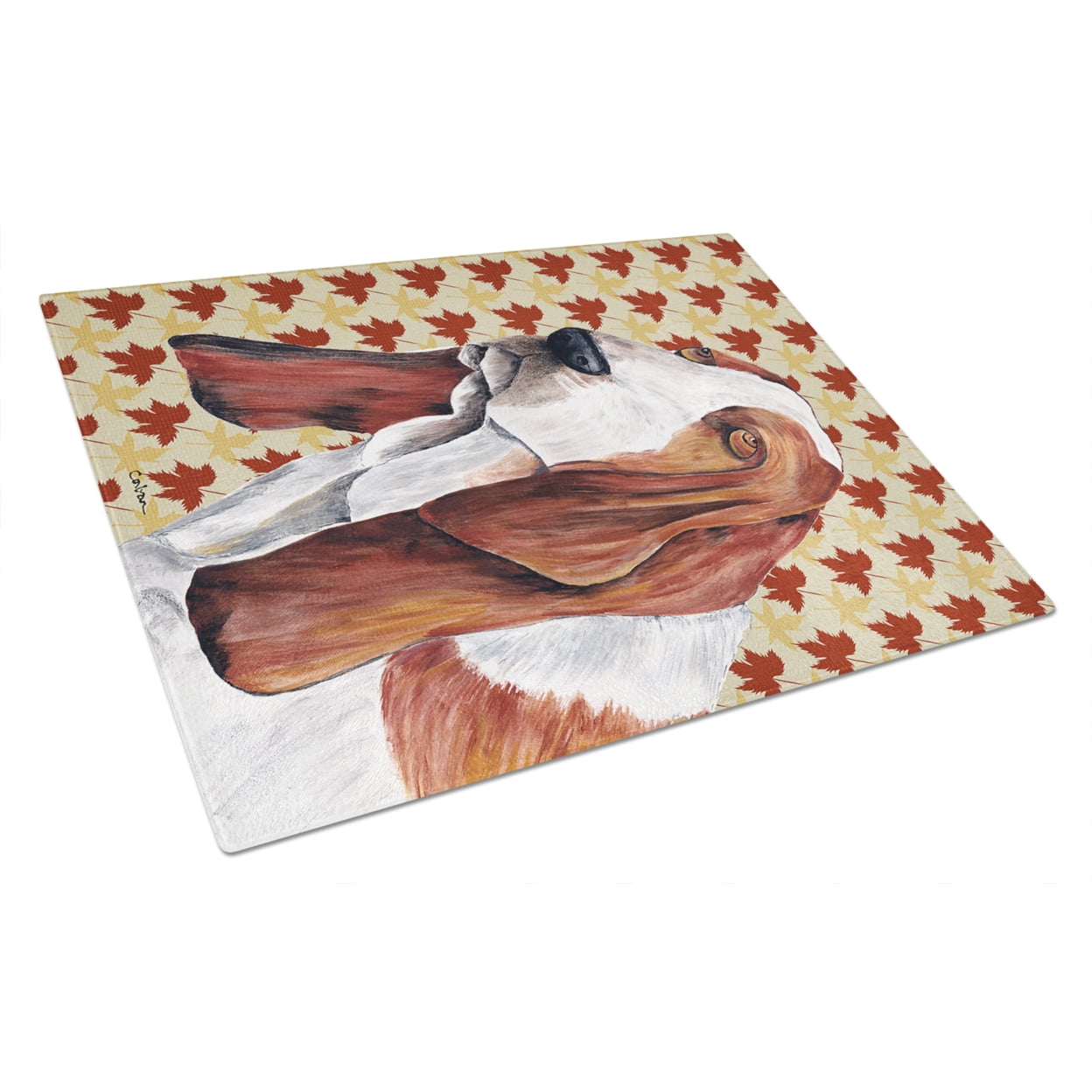 Carolines Treasures SC9212LCB Basset Hound Fall Leaves Portrait Glass Cutting Board Large, 12H x 16W, multicolor