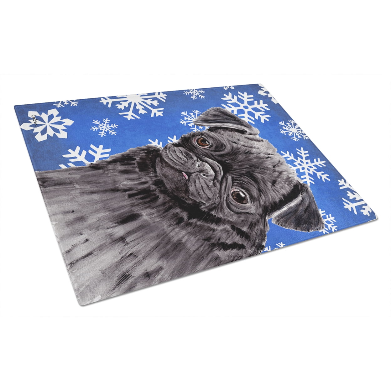 Carolines Treasures SC9366LCB Pug Winter Snowflakes Holiday Glass Cutting Board Large, 12H x 16W, multicolor