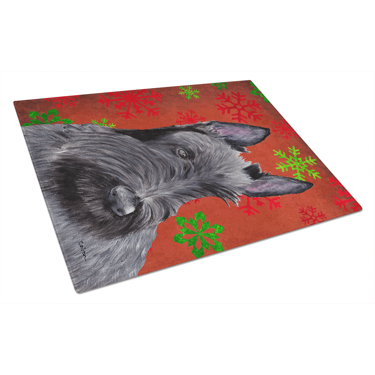Carolines Treasures SC9426LCB Scottish Terrier Red and Green Snowflakes Holiday Christmas Glass Cutting Board Large, 12H