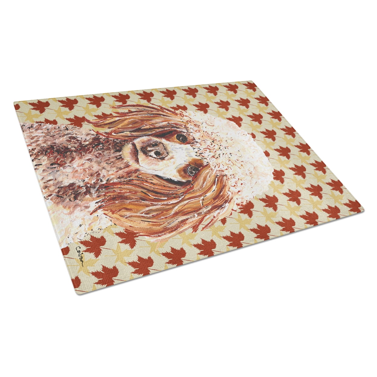 Carolines Treasures SC9675LCB Red Miniature Poodle Fall Leaves Glass Cutting Board - Large