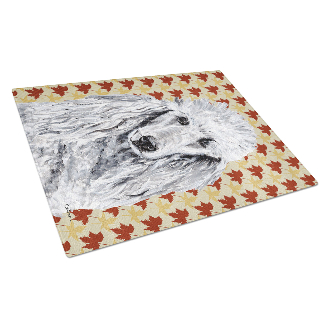 Carolines Treasures SC9679LCB White Standard Poodle Fall Leaves Glass Cutting Board Large, 12H x 16W, multicolor
