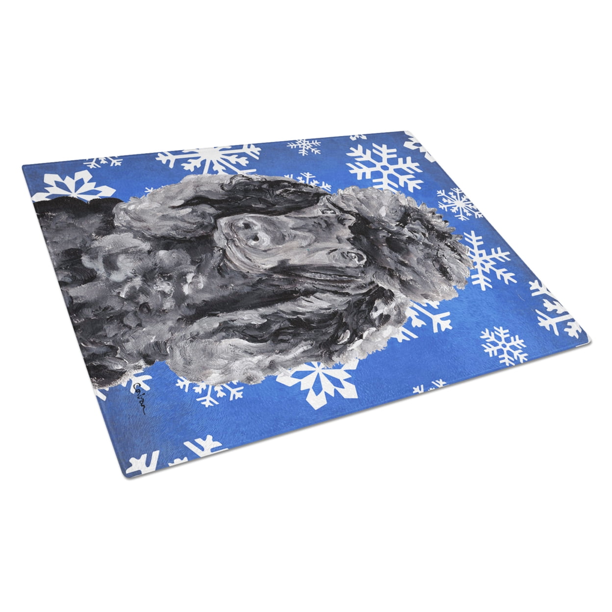 Carolines Treasures SC9770LCB Black Standard Poodle Winter Snowflakes Glass Cutting Board Large, 12H x 16W, multicolor