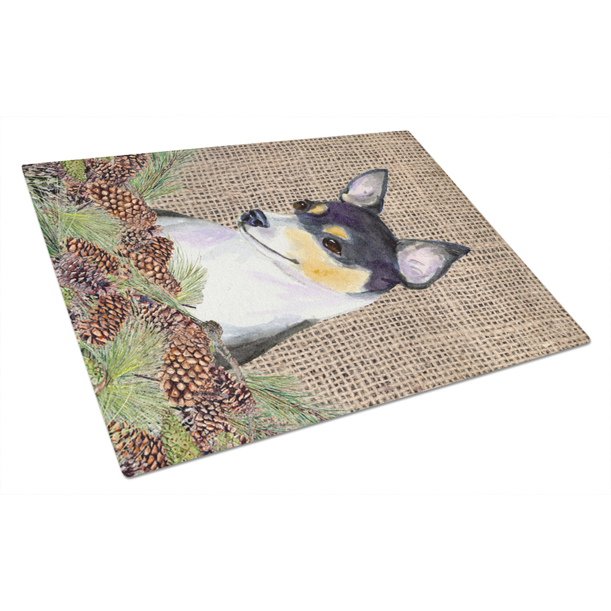 Carolines Treasures SS4064LCB Fox Terrier on Faux Burlap with Pine Cones Glass Cutting Board Large, 12H x 16W,