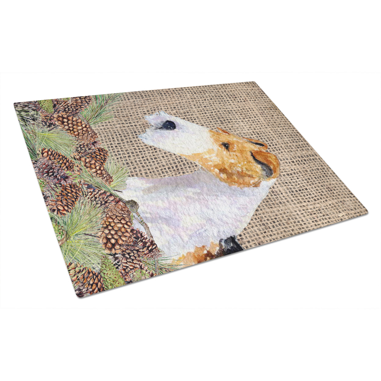Carolines Treasures SS4069LCB Fox Terrier on Faux Burlap with Pine Cones Glass Cutting Board Large, 12H x 16W,
