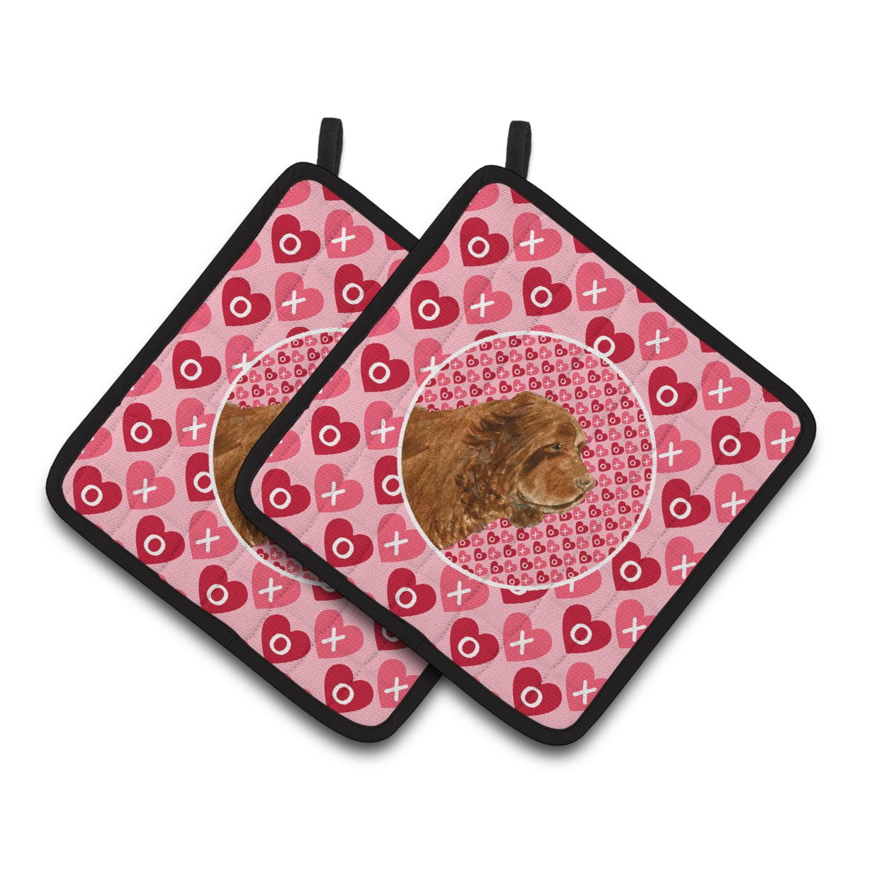 Carolines Treasures SS4510PTHD Sussex Spaniel Hearts Love Valentines Day Pair of Pot Holders, 7.5HX7.5W, multicolor