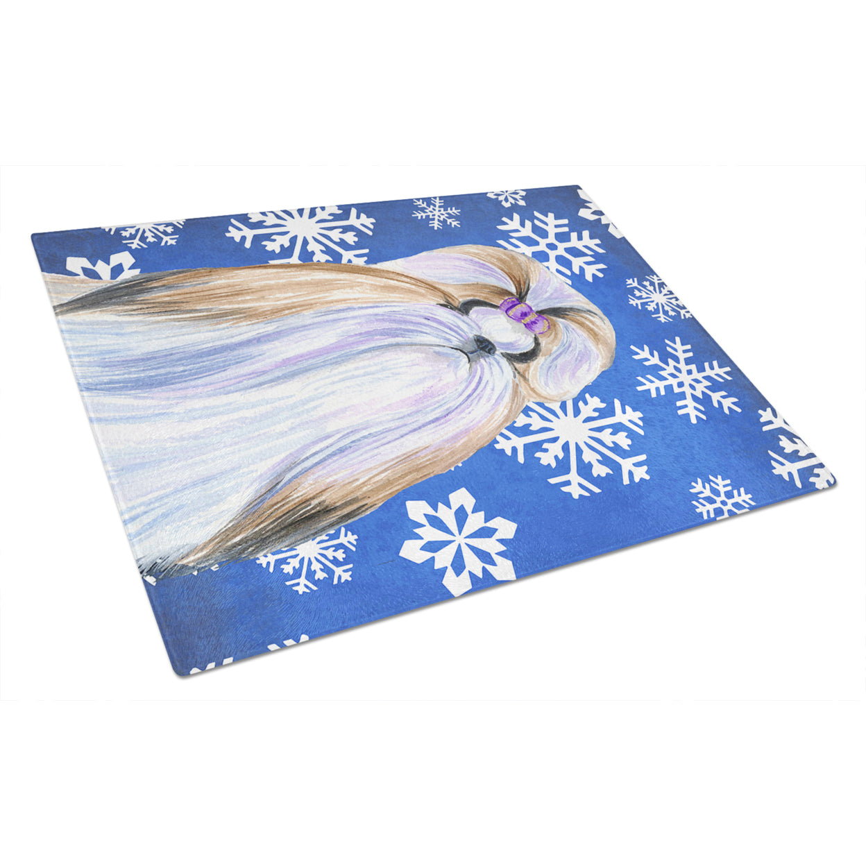 Carolines Treasures SS4603LCB Shih Tzu Winter Snowflakes Holiday Glass Cutting Board Large, 12H x 16W, multicolor