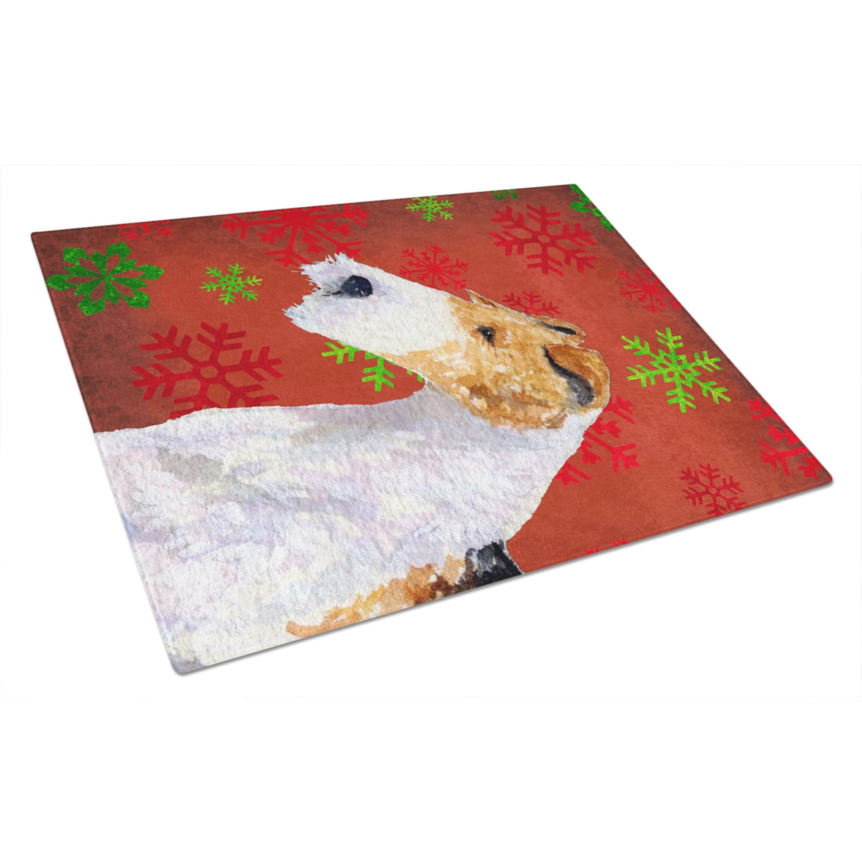 Carolines Treasures SS4685LCB Fox Terrier Red and Green Snowflakes Christmas- Glass Cutting Board - Large