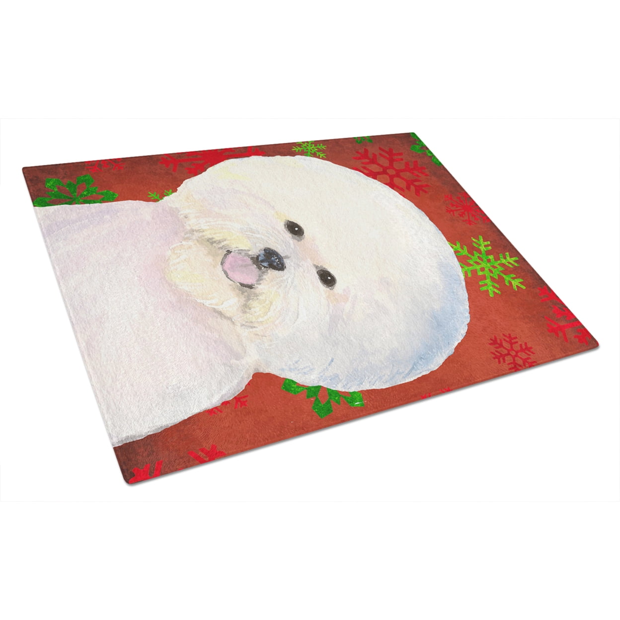 Carolines Treasures SS4733LCB Bichon Frise Red and Green Snowflakes Holiday Christmas Glass Cutting Board Large, 12H x