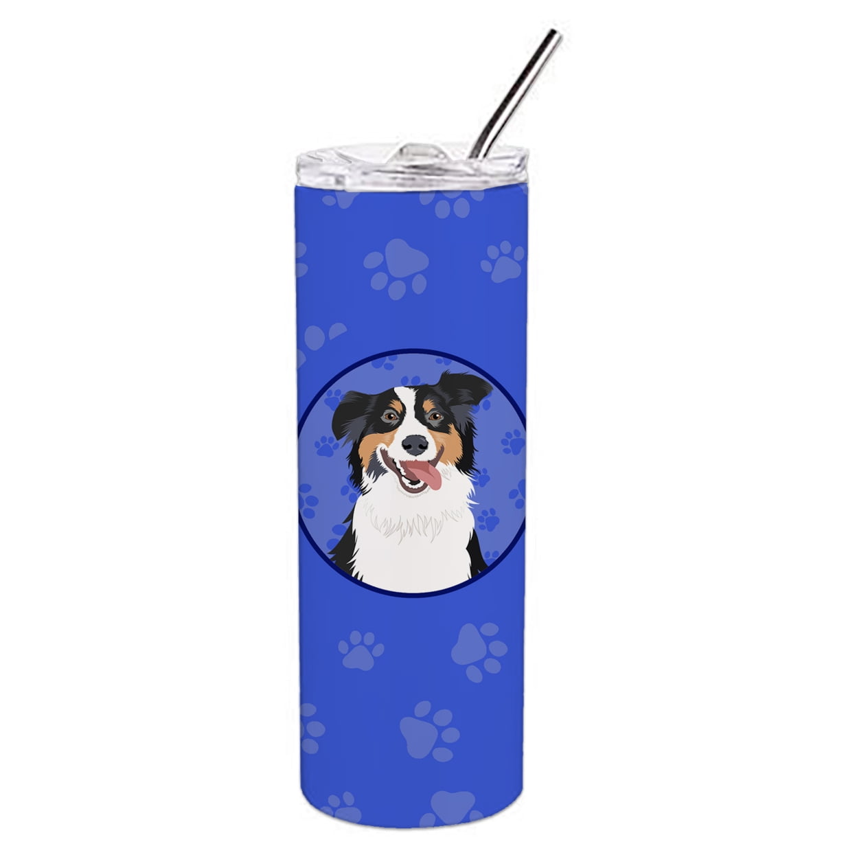 Carolines Treasures WDK1002TBL20 Australian Shepherd Black Tricolor Design2  Stainless Steel 20 oz Skinny Tumbler Blue