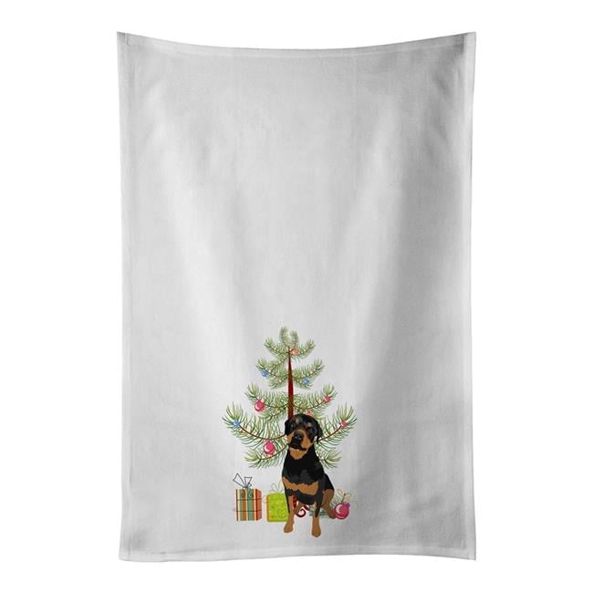 Carolines Treasures WDK3140WTKT 28 x 19 in. Unisex Rottweiler Black & Rust Christmas White Dish Towels Kitchen Towel - Set of 2