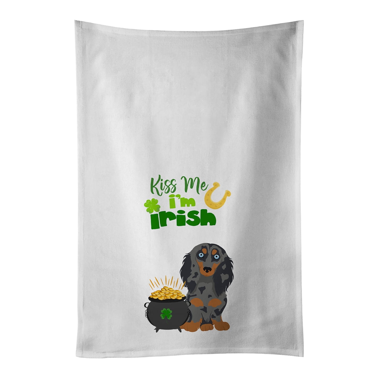 Longhair Blue and Tan Dapple Dachshund St. Patrick's Day White Kitchen Towel Set of 2 Dish Towels 19 in x 28 in