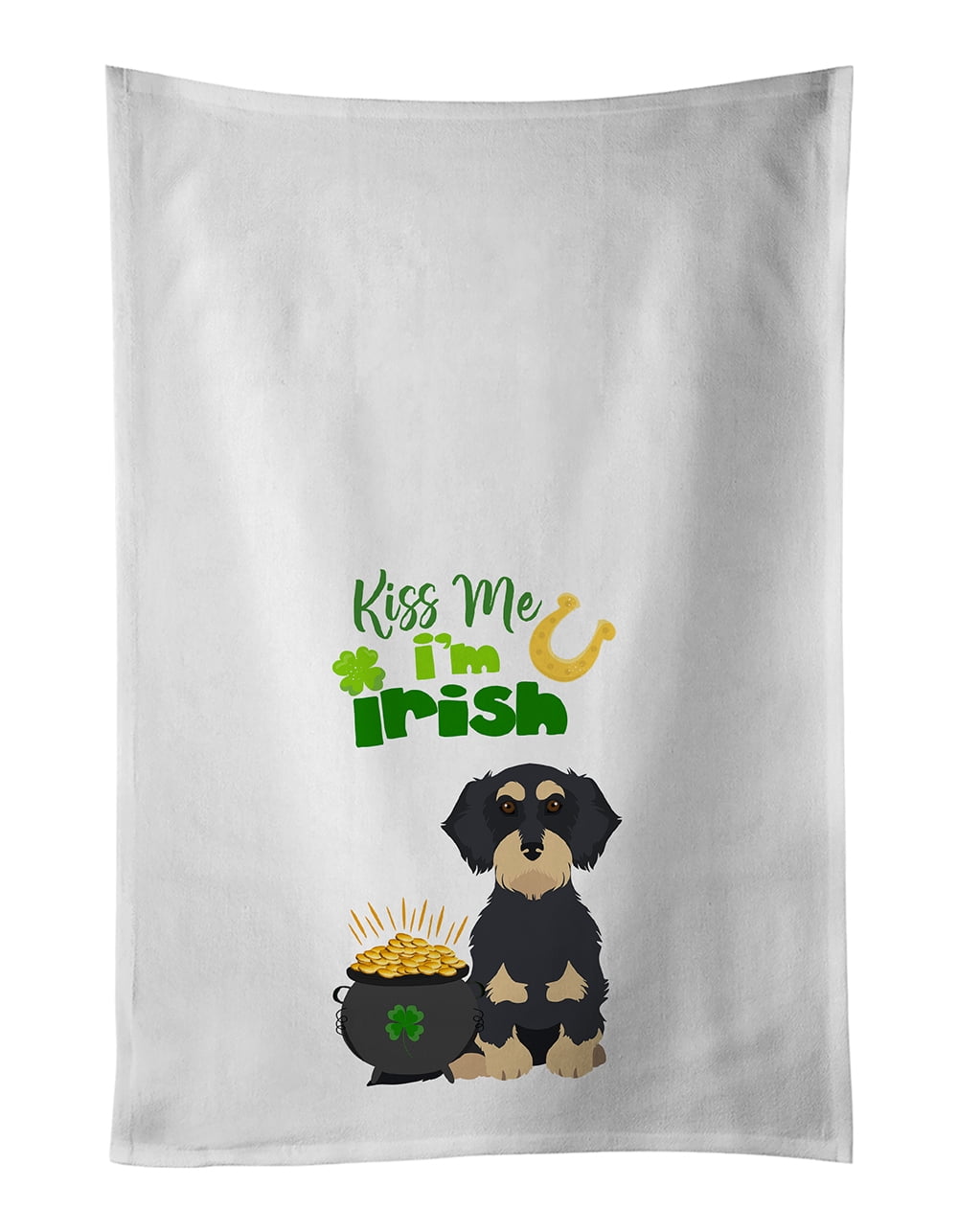 Wirehair Black and Cream Dachshund St. Patrick's Day White Kitchen Towel Set of 2 Dish Towels 19 in x 28 in