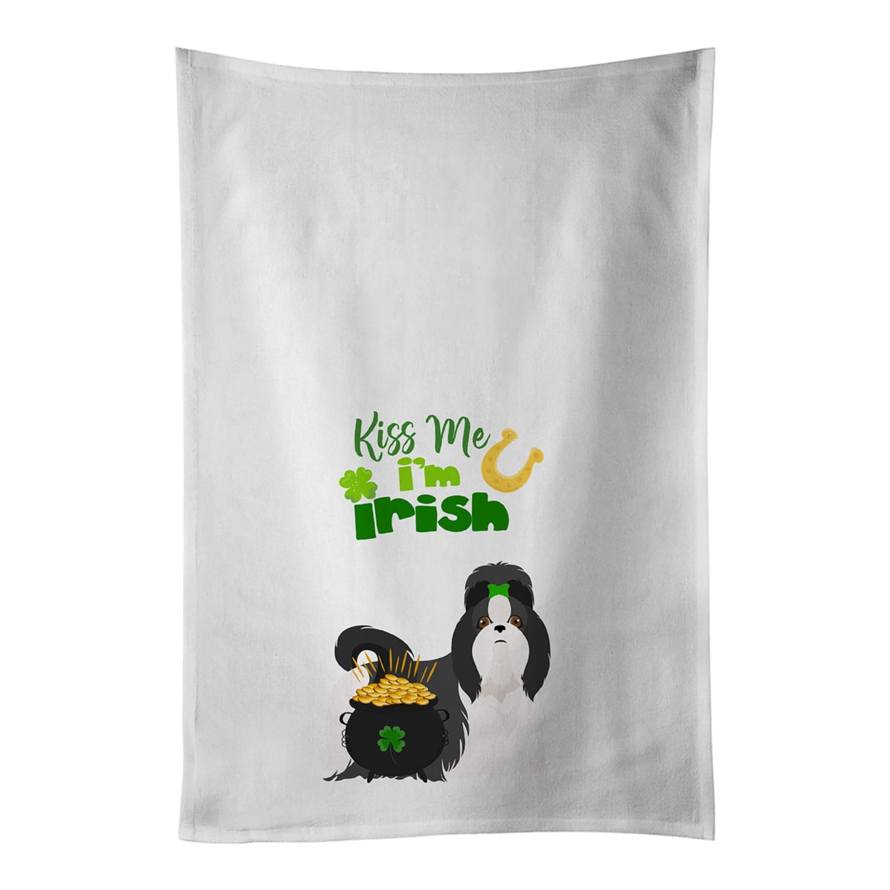 Black and White Shih Tzu St. Patrick's Day White Kitchen Towel Set of 2 Dish Towels 19 in x 28 in