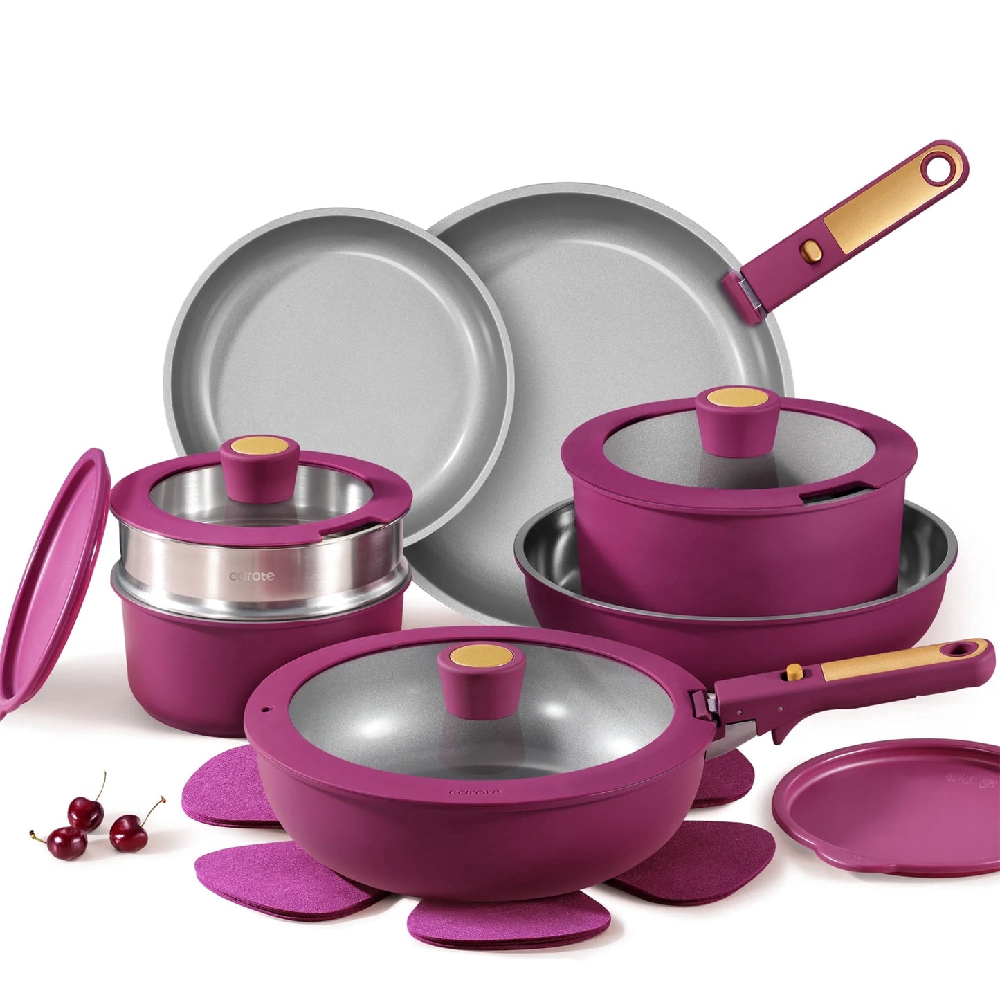 Carote 21-Piece Nonstick Pots and Pans Set, Kitchen Cookware Set with Detachable Handle, Induction Compatible, Purple