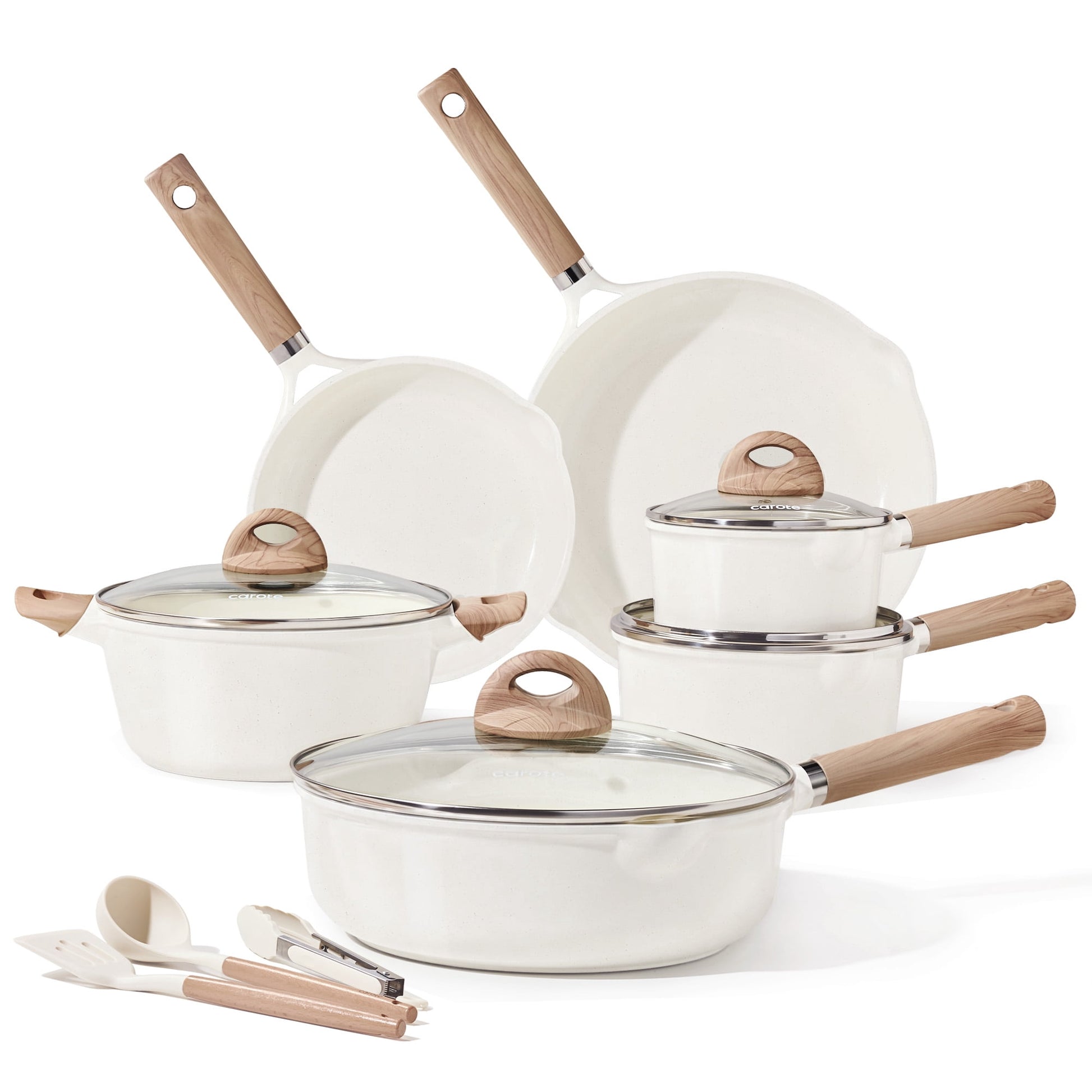 Carote Ceramic Nonstick Pots and Pans Set, 13 Pieces Kitchen Cookware Sets Compatible for All Stoves, White Granite