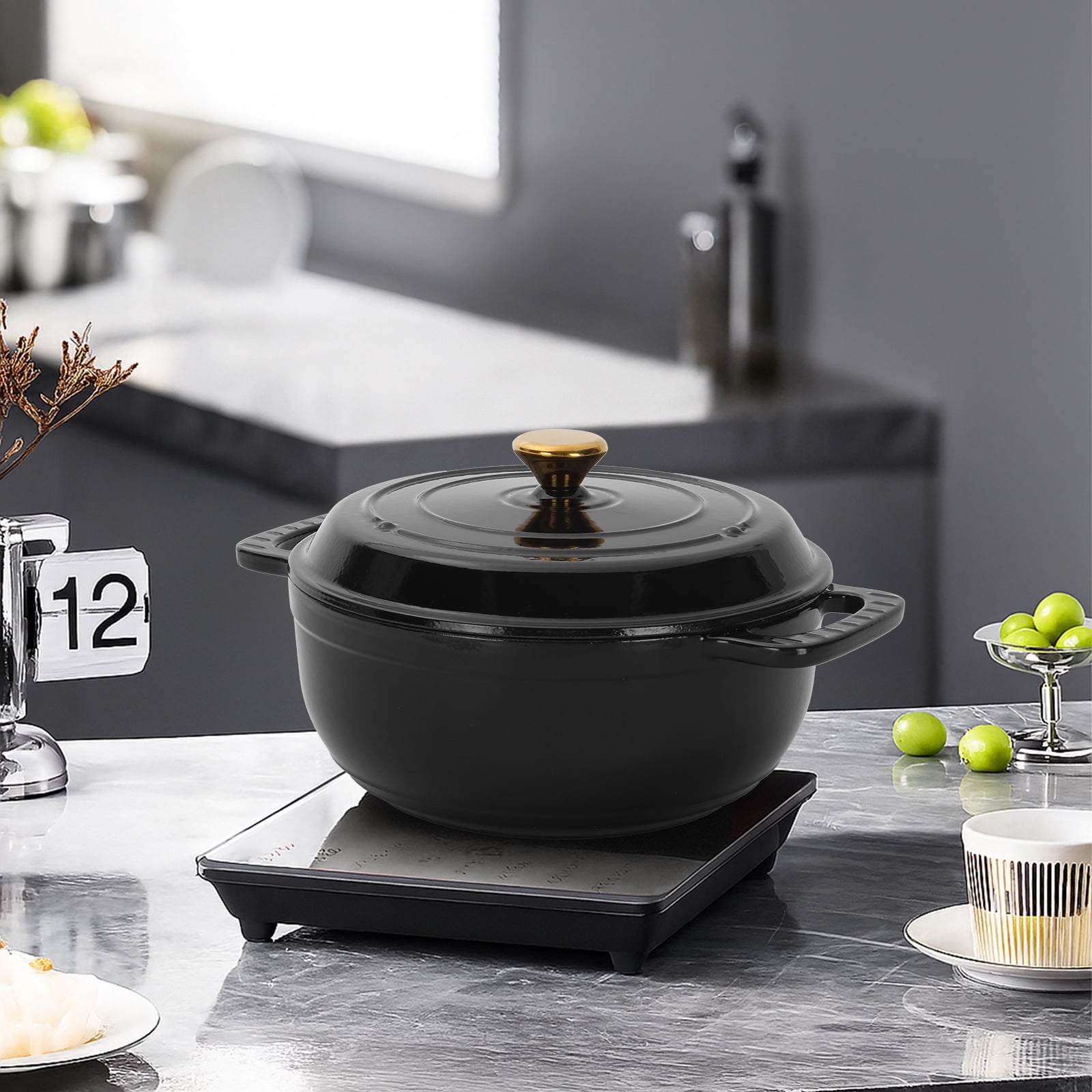 Cast Iron 7.5qt Cooking Pot, Includes Two Silicone Gloves, Enamel Pot, Pure Black