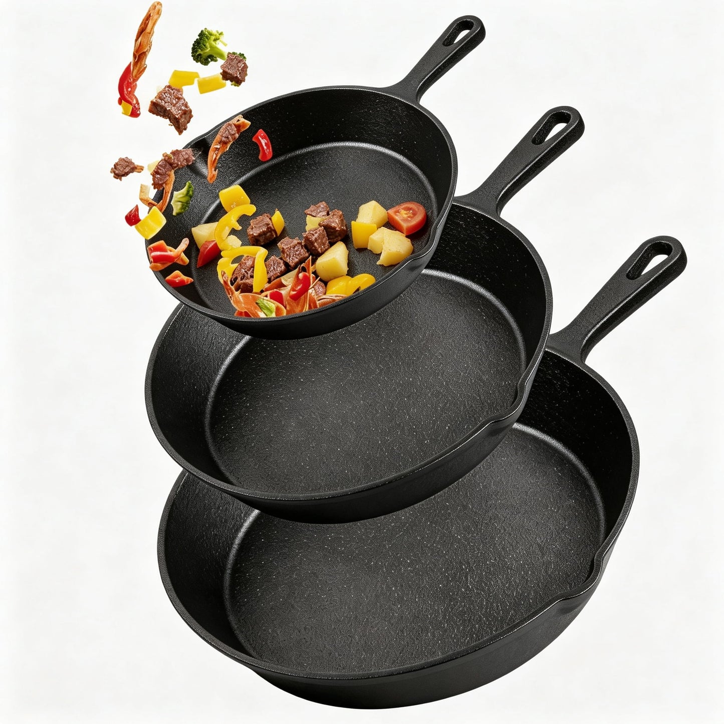 Cast iron Skillets 3 Piece Set, Heavy-Duty Professional Restaurant Chef Quality Pre-Seasoned Pan Cookware Set, 6", 8", 10" Pans For Frying, Saute, Cooking, Use Indoor/Outdoor, Oven, Grill