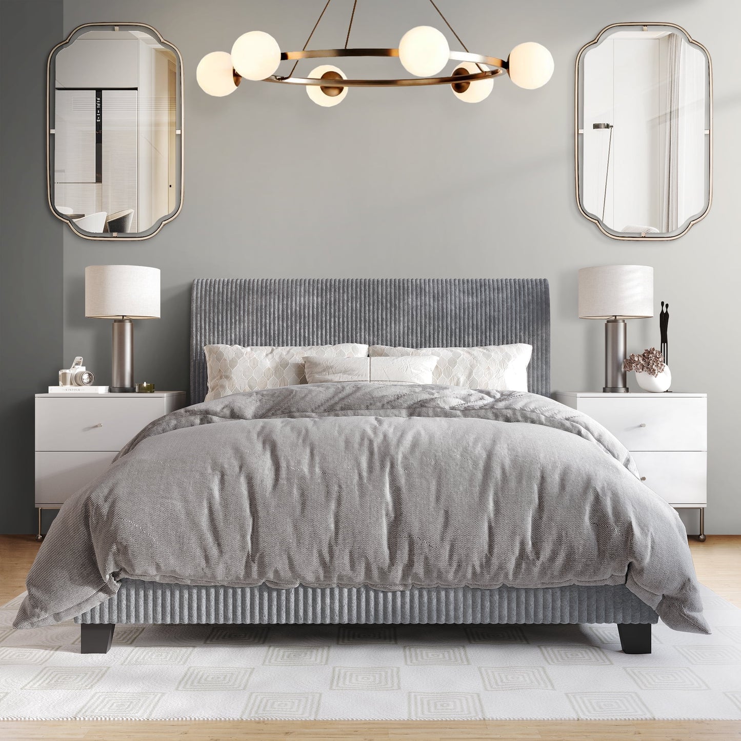 Castle Place Chic Corduroy Velvet Upholstered Full Bed, Grey