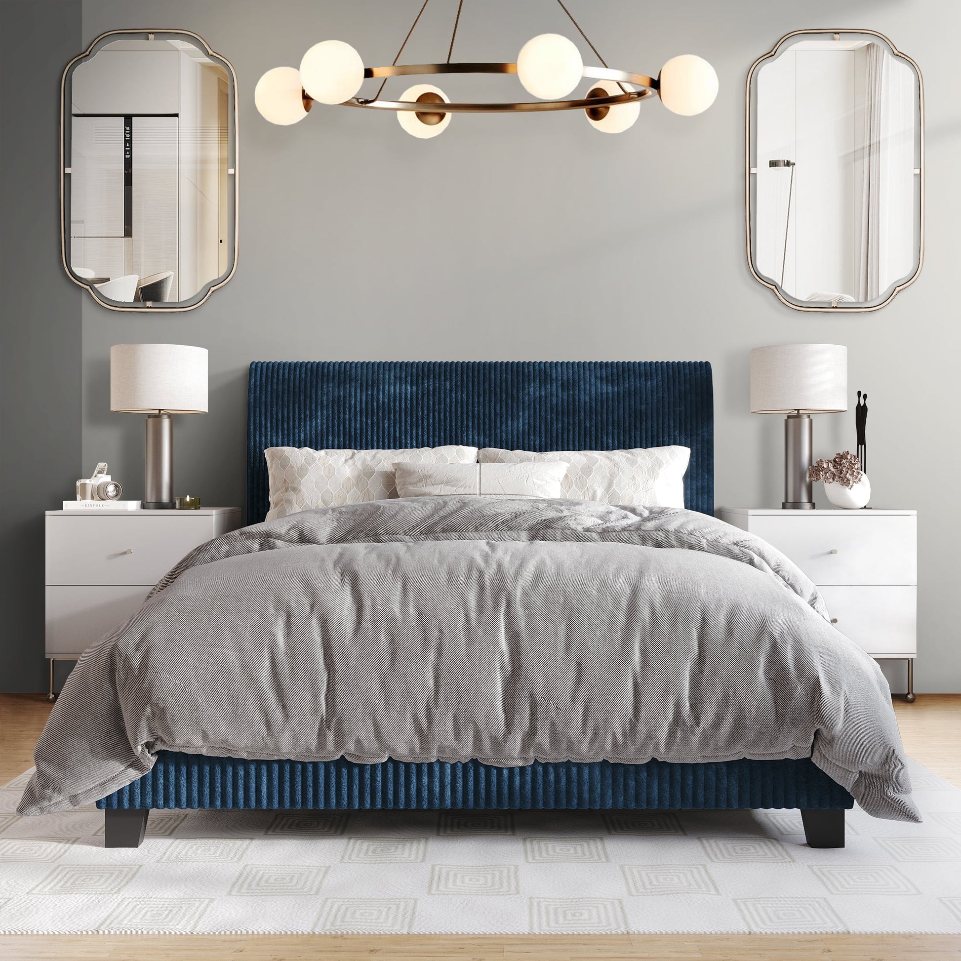 Castle Place Chic Corduroy Velvet Upholstered Full Bed, Navy Blue