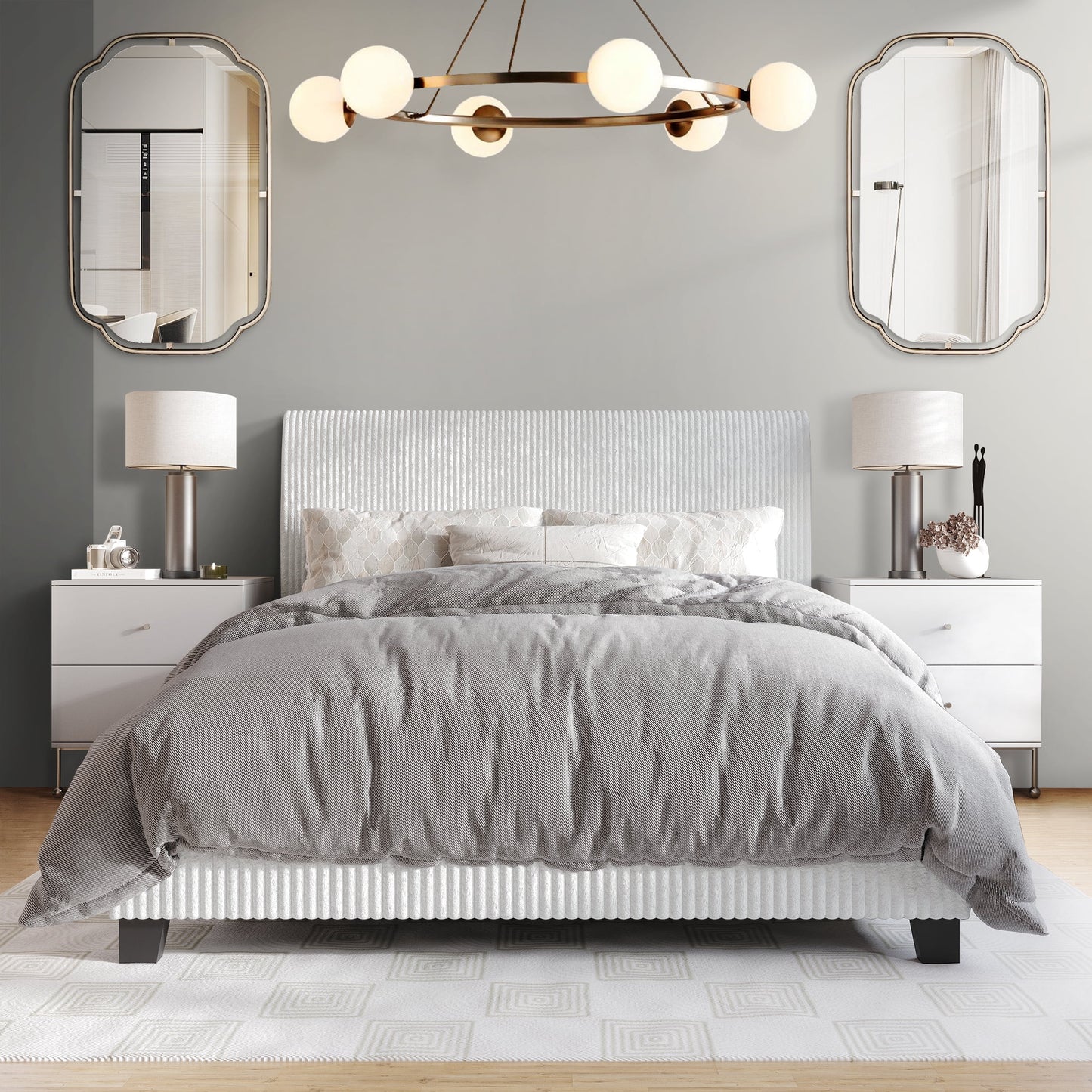 Castle Place Chic Corduroy Velvet Upholstered Full Bed, White