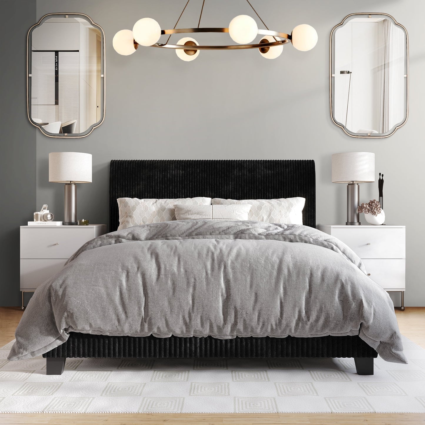 Castle Place Chic Corduroy Velvet Upholstered Queen Bed, Black
