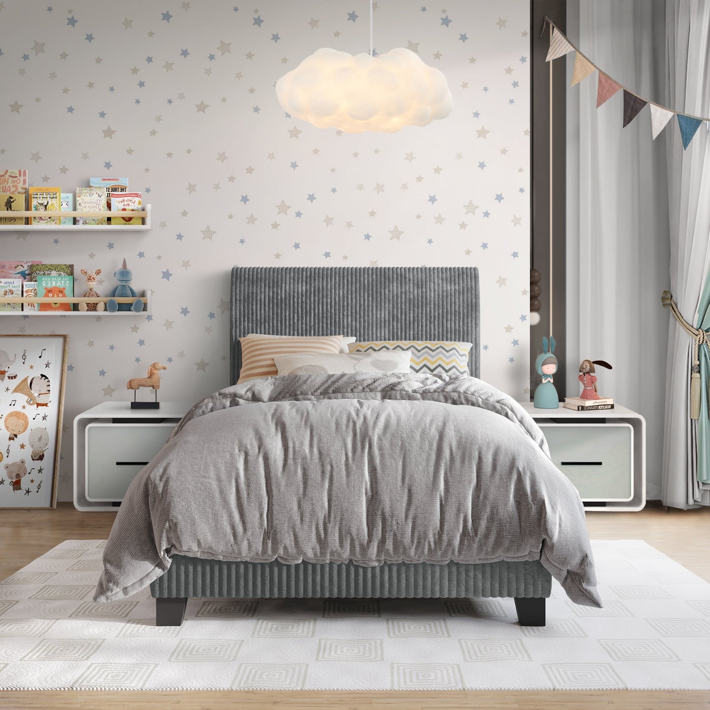 Castle Place Cama Twin Elegante Tapizada en Terciopelo de Pana, Gris