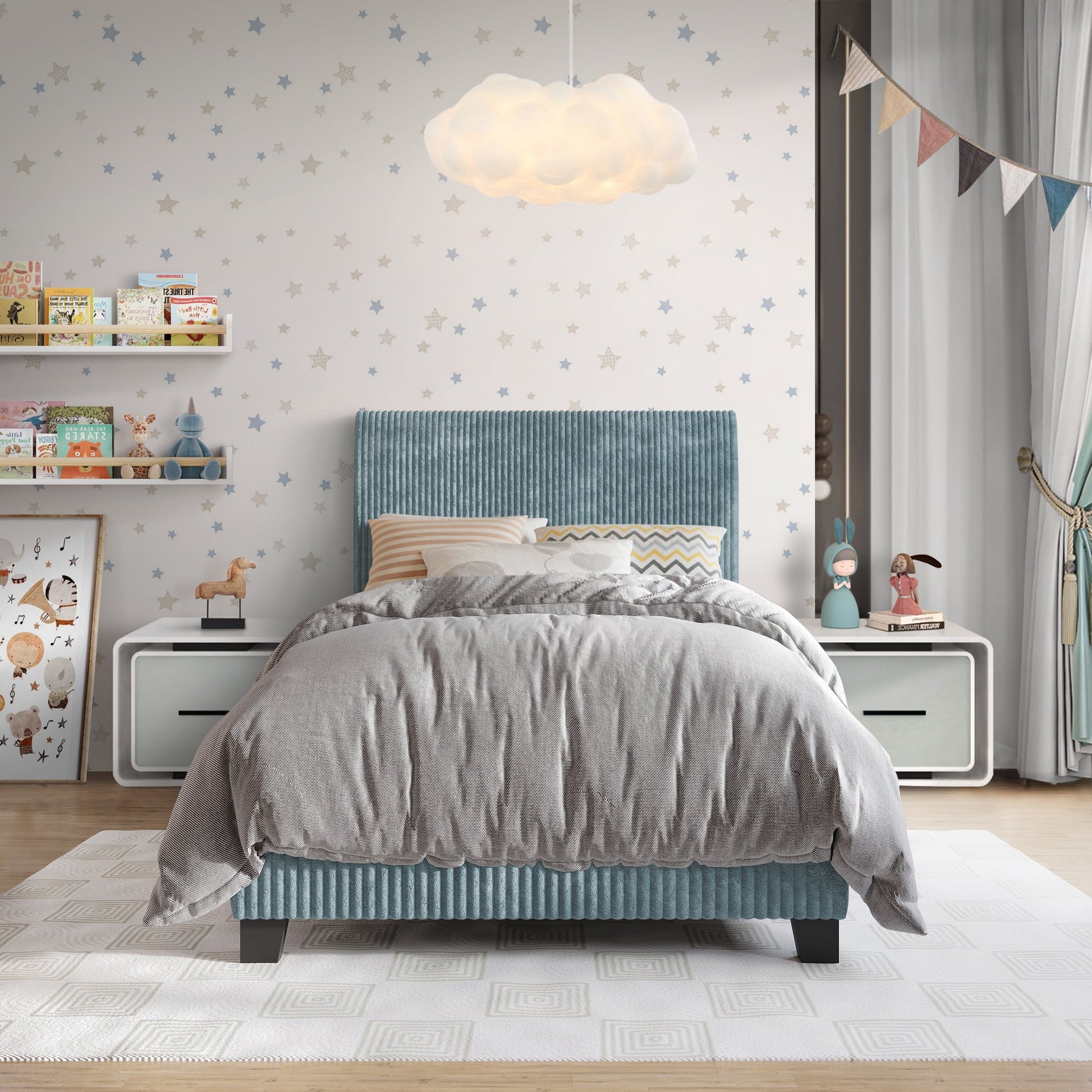 Castle Place Cama Twin Elegante Tapizada en Terciopelo de Pana, Azul Claro