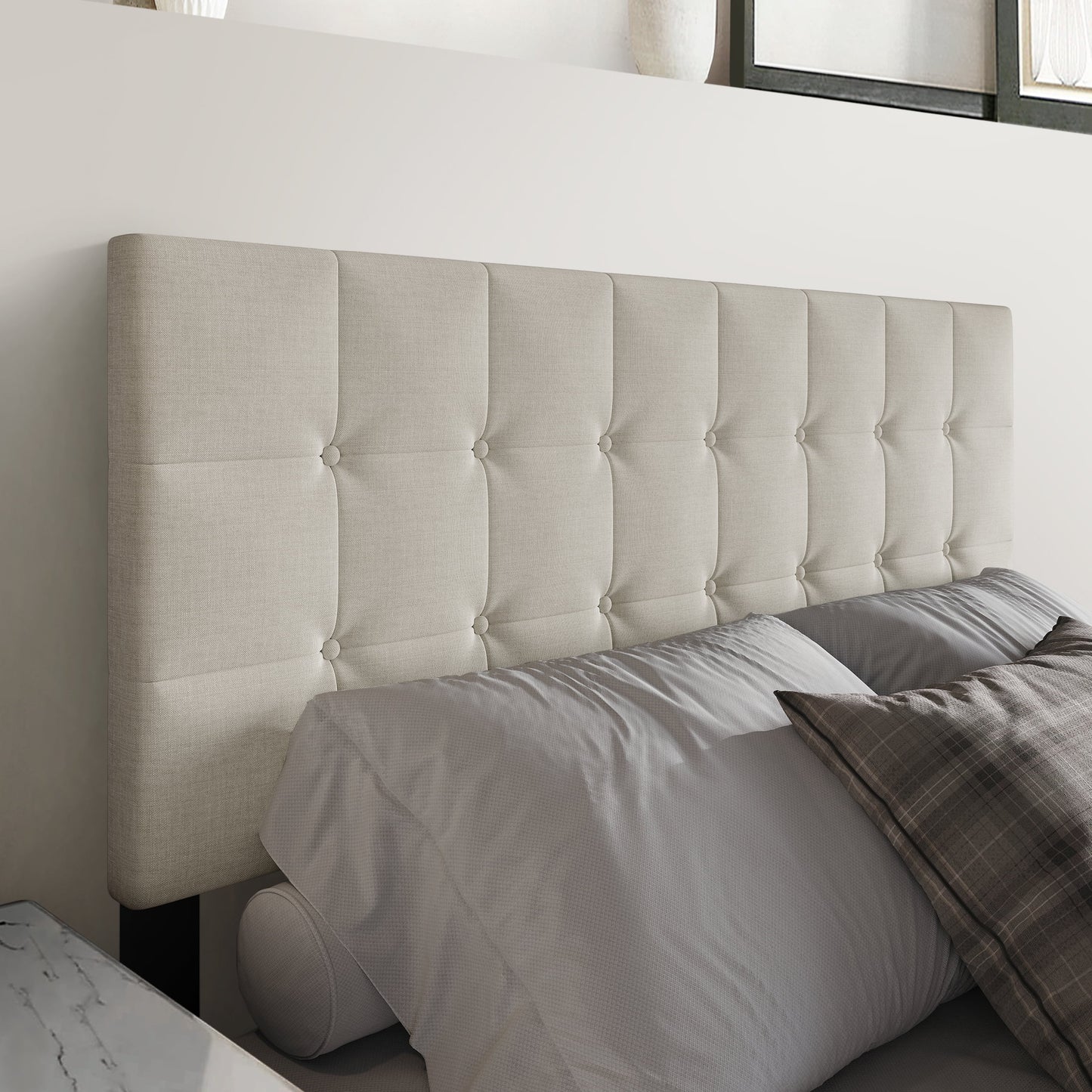 Castle Place Full Size Linen Upholstered Headboard with Square Button-Tufted Design, Warm Grey