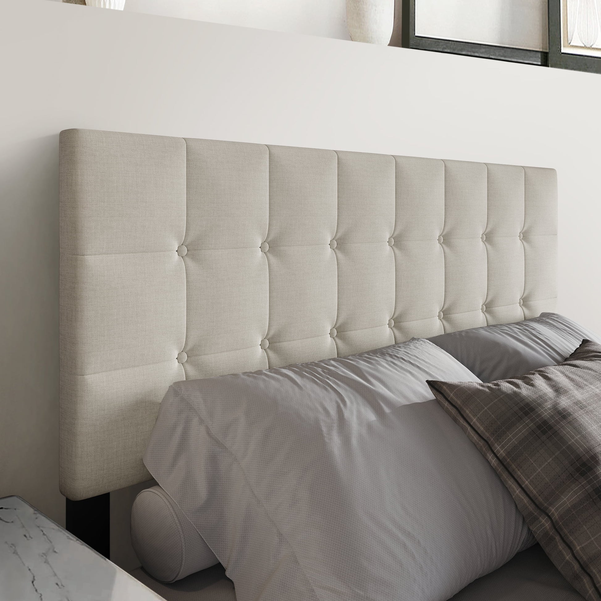 Castle Place Queen Upholstered Headboard, Button-Tufted Linen, Warm Grey