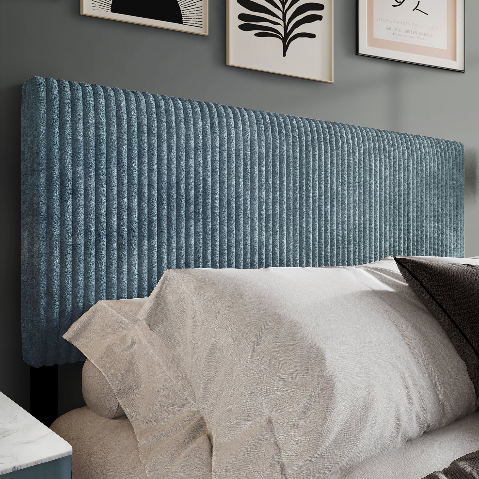 Castle Place Cozy Corduroy Velvet Upholstered Queen Headboard, Light Blue