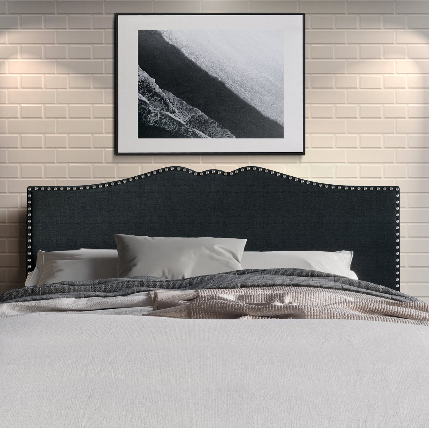 Castle Place Curved Upholstered Nailhead Trim Linen Headboard, Charcoal Grey, Twin
