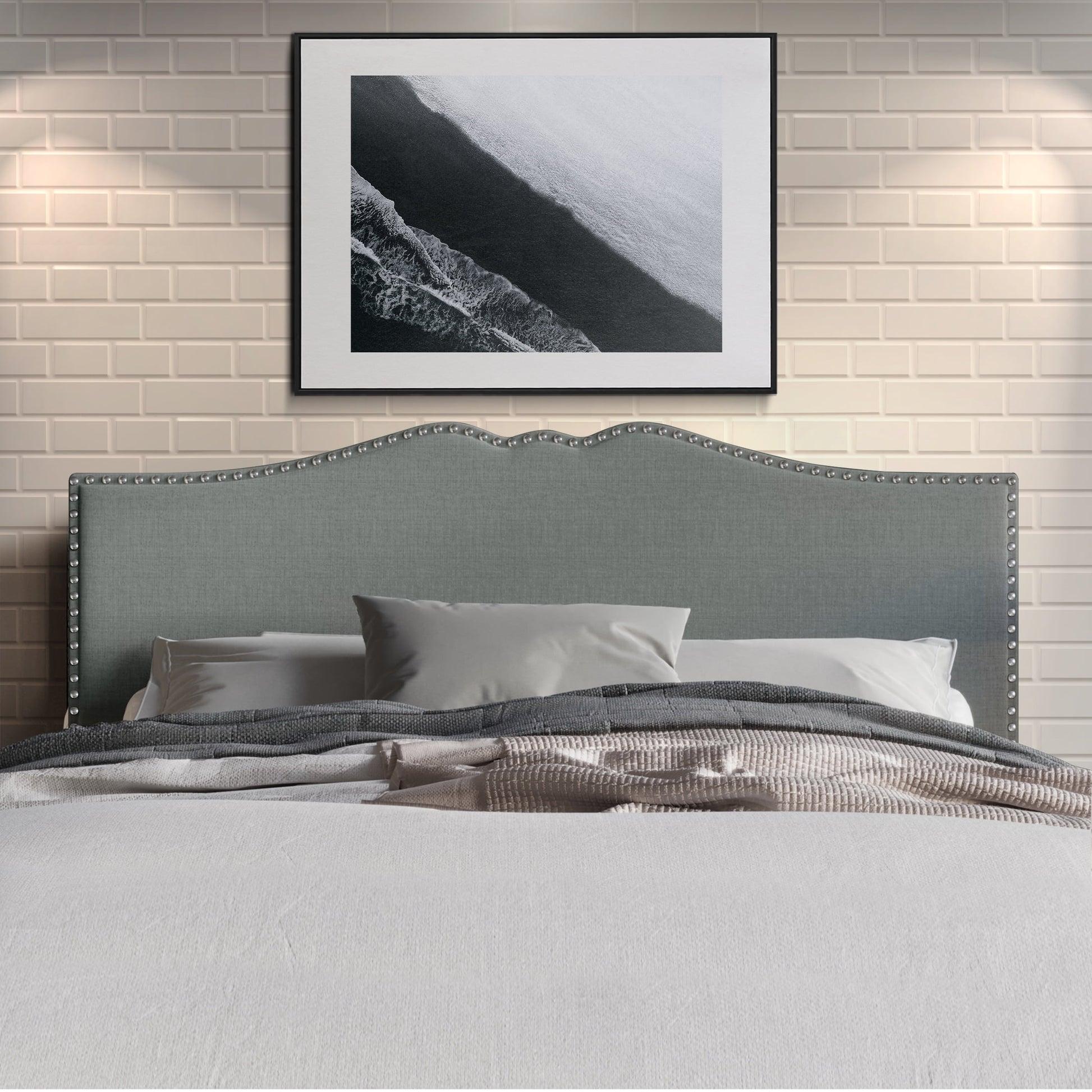 Castle Place Curved Upholstered Nailhead Trim Linen Headboard, Light Grey, Full