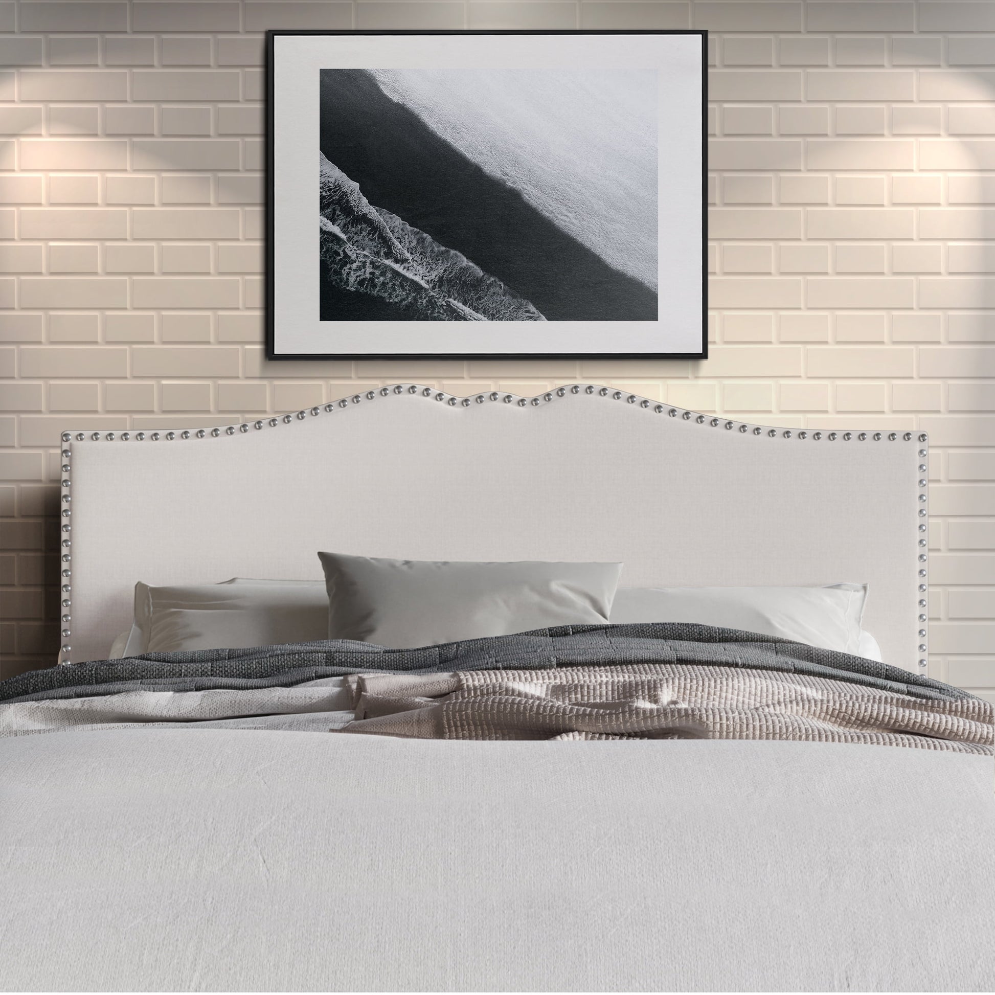 Castle Place Curved Upholstered Nailhead Trim Linen Headboard, Warm Grey, Full