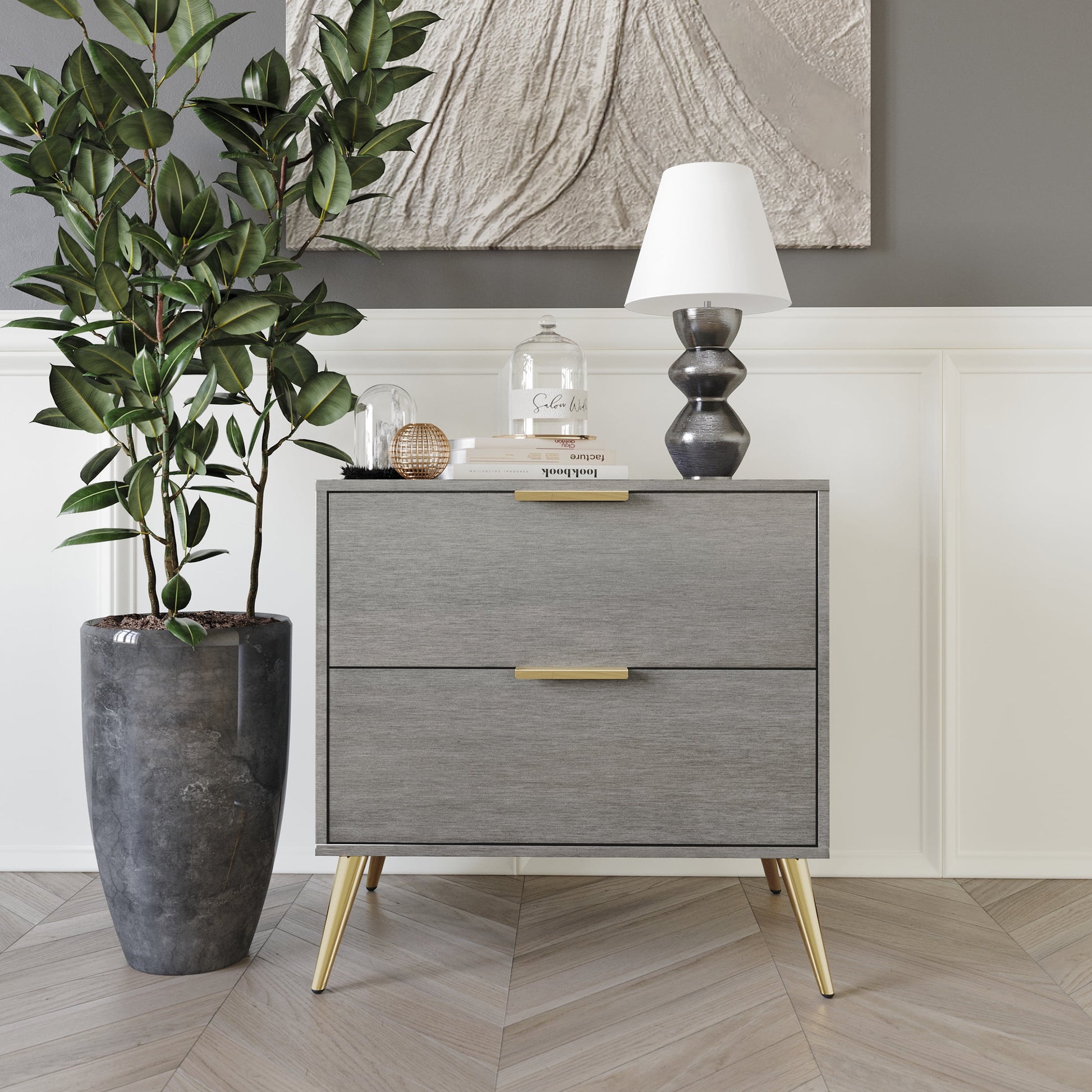 Castle Place Glam 2 Drawers Wooden Nightstand, Silver