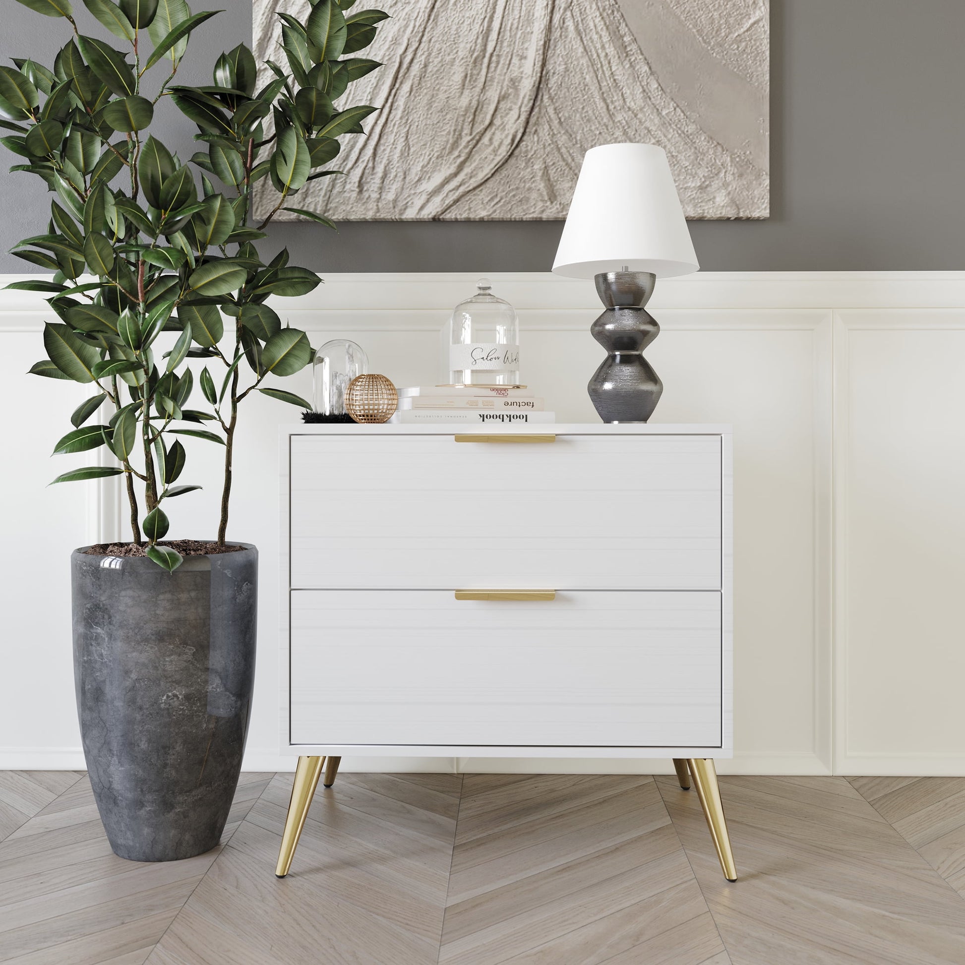 Castle Place Glam 2 Drawers Wooden Nightstand, Whte