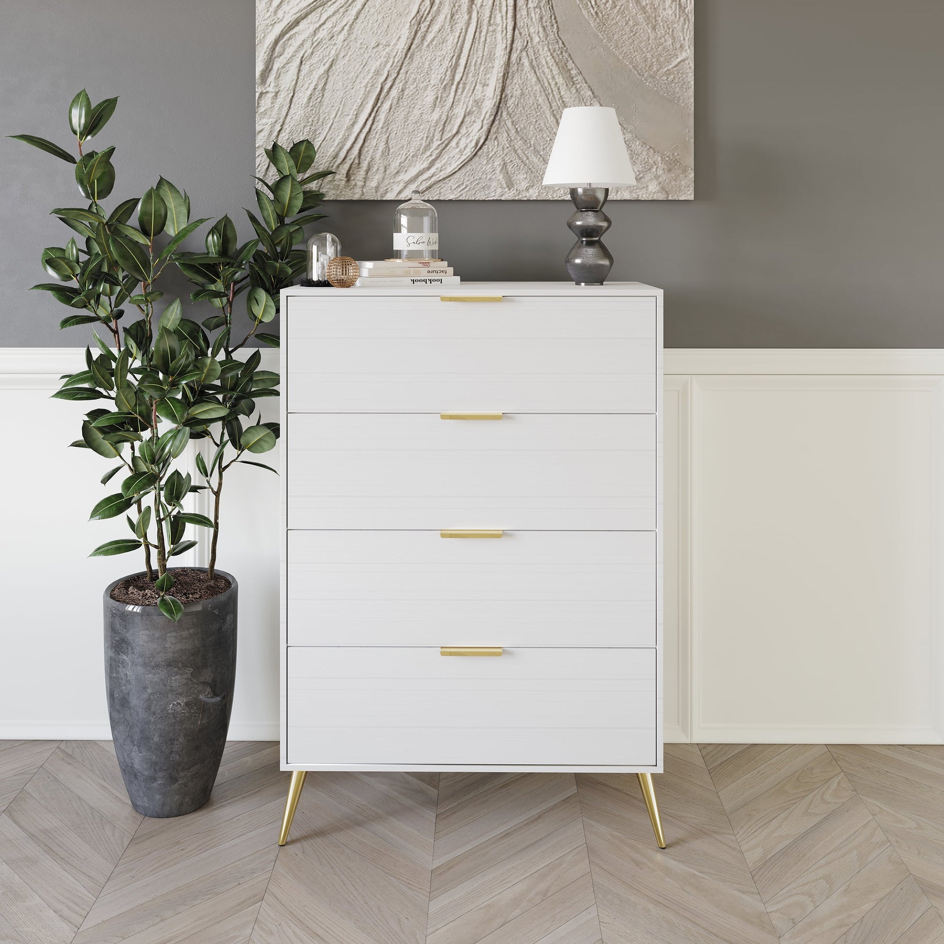 Castle Place Glam 4 Drawers Wooden Dresser, White