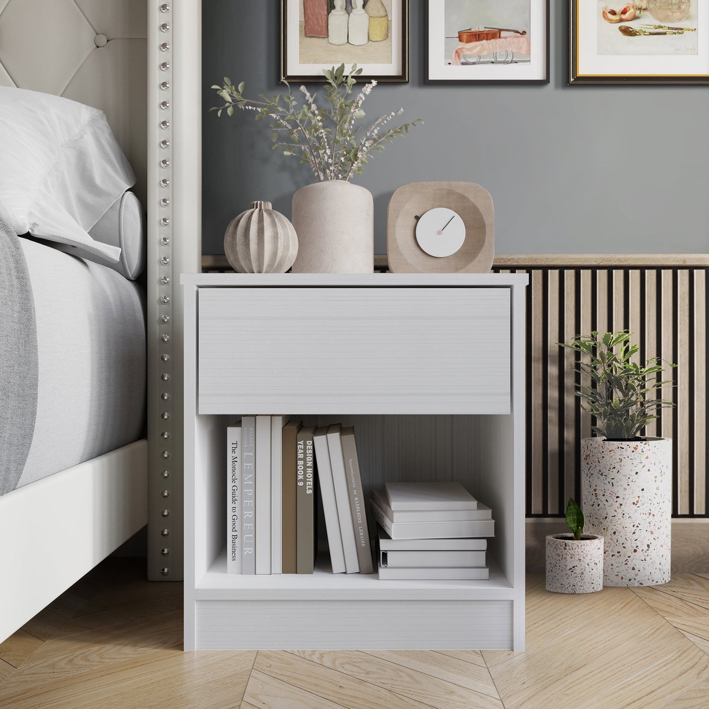 Castle Place Minimalist Nightstand with 1 Drawer, Light Gray
