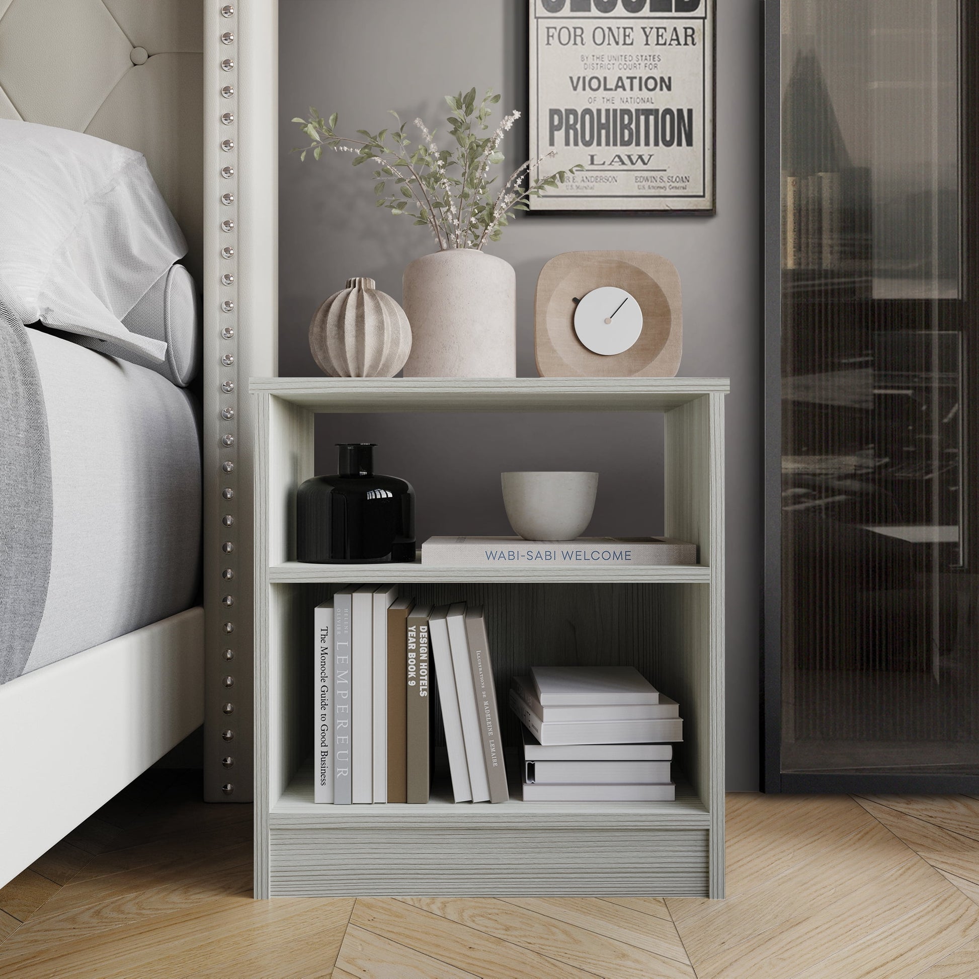 Castle Place Minimalist Nightstand with Shelf, Light Gray