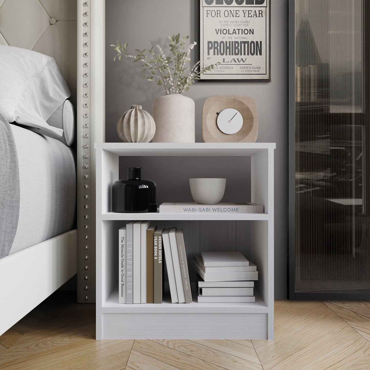 Castle Place Minimalist Nightstand with Shelf, White