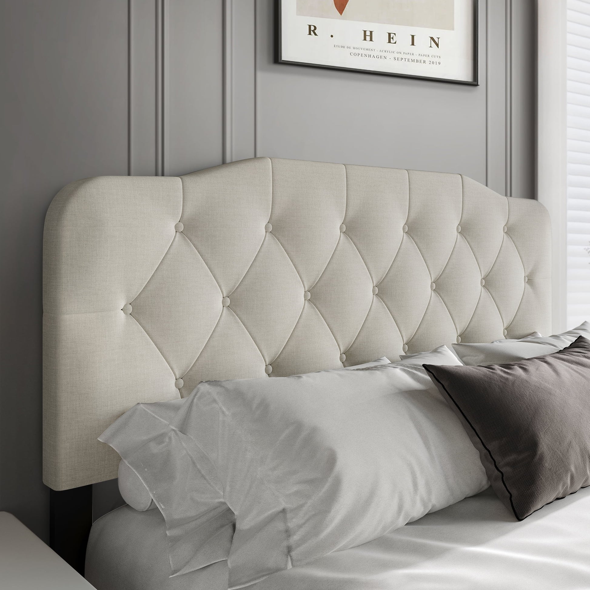 Castle Place Modern Button-Tufted Linen Full Upholstered Headboard, Warm Grey