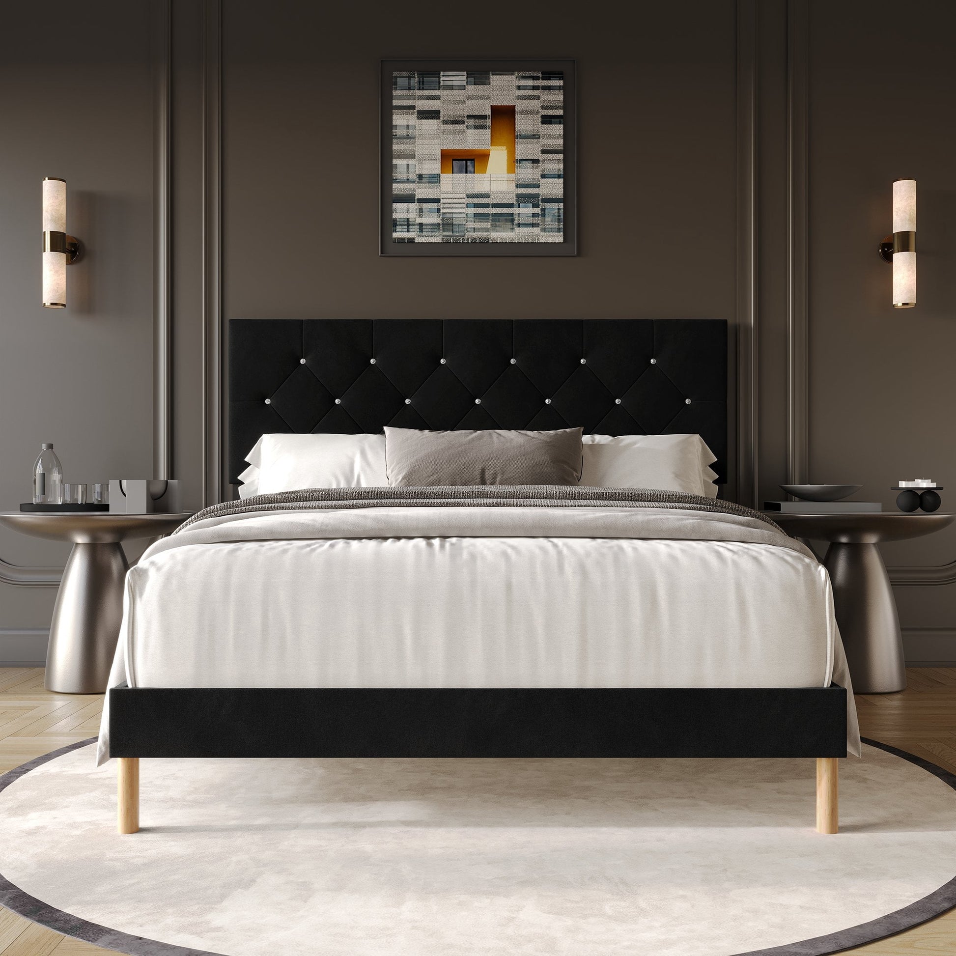 Castle Place Modern Diamond Tufted Velvet Upholstered Full Bed, Light Grey