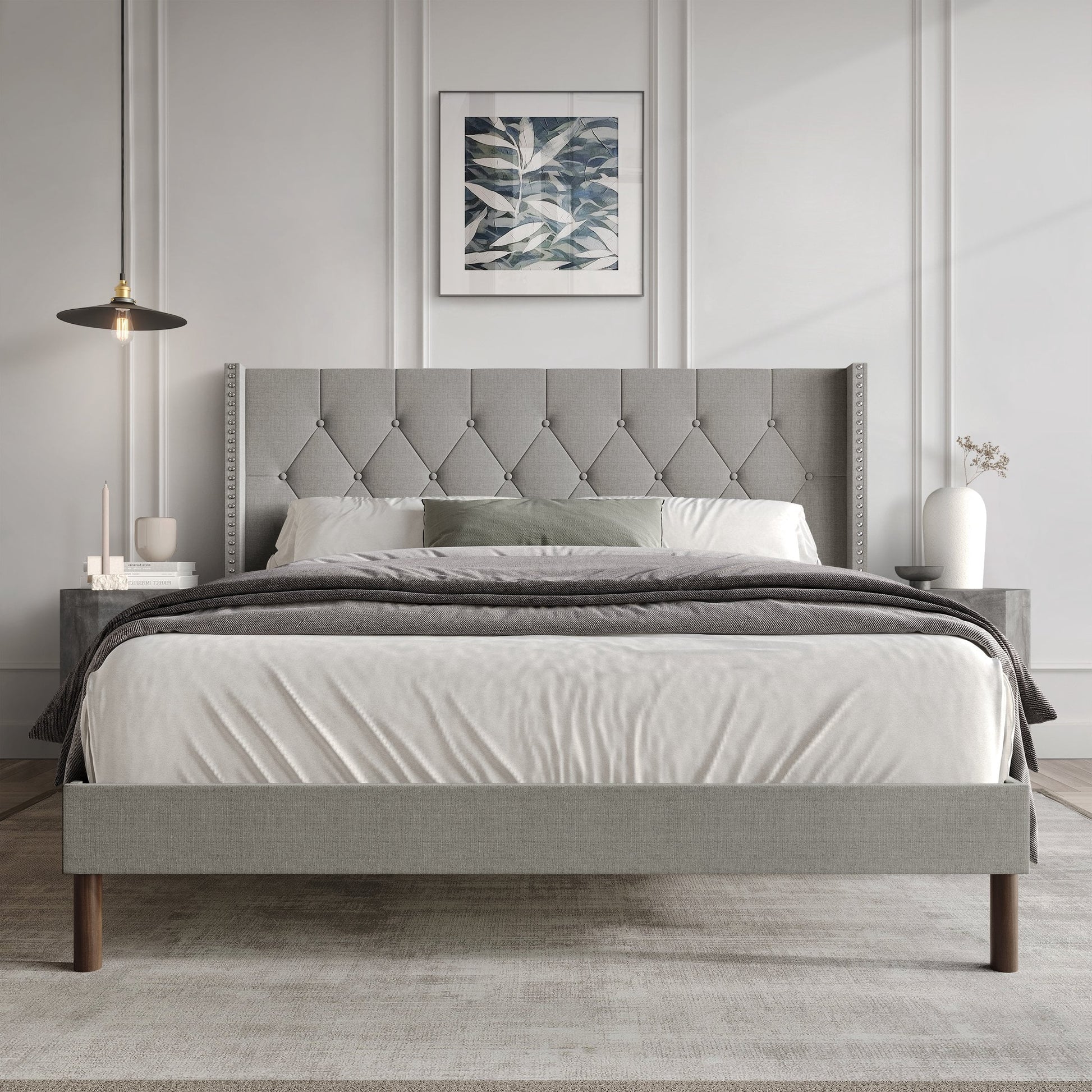 Castle Place Nailhead Trim Tufted Linen Upholstered Wingback Full Bed, Light Grey