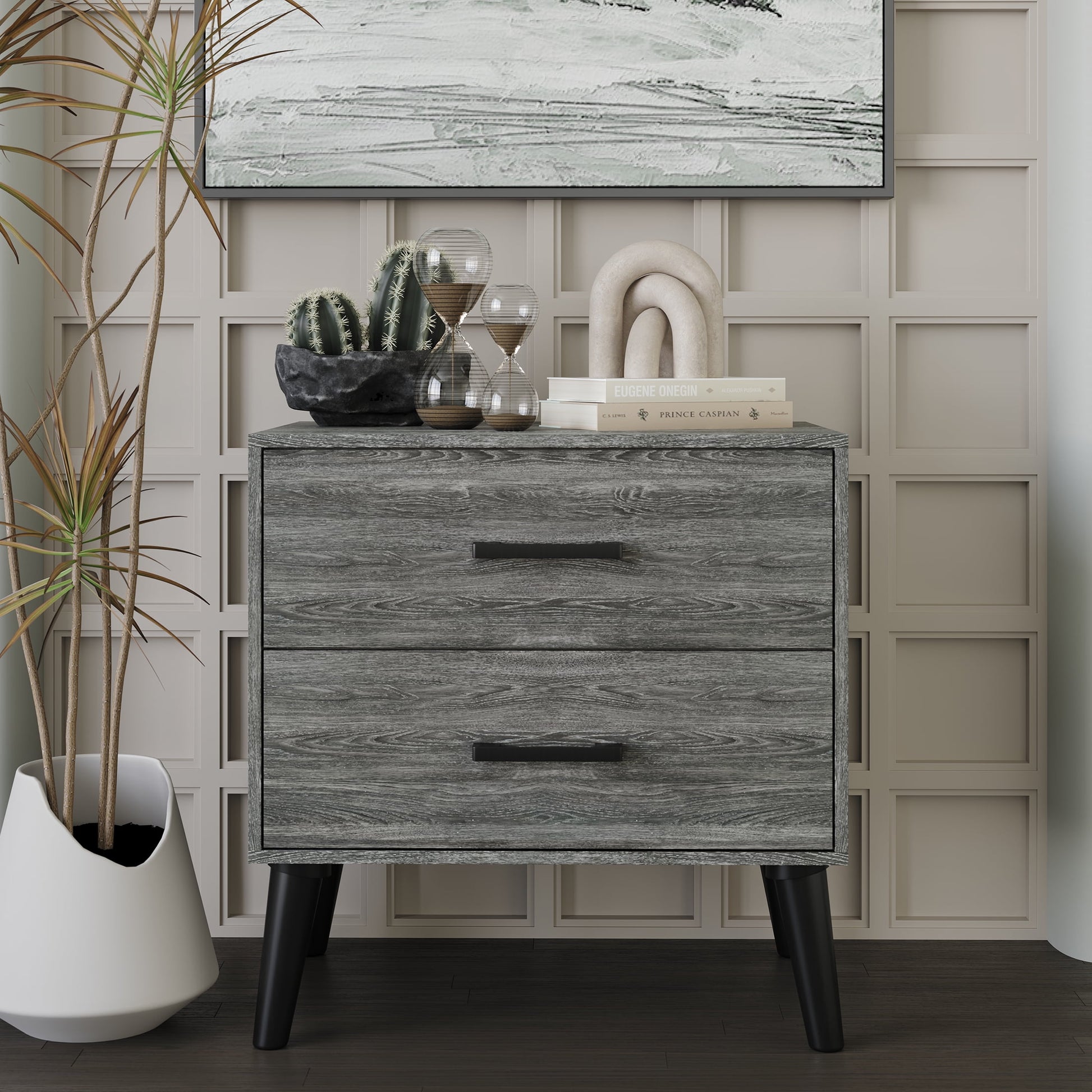 Castle Place Rustic 2 Drawers Wooden Nightstand, Dark Grey