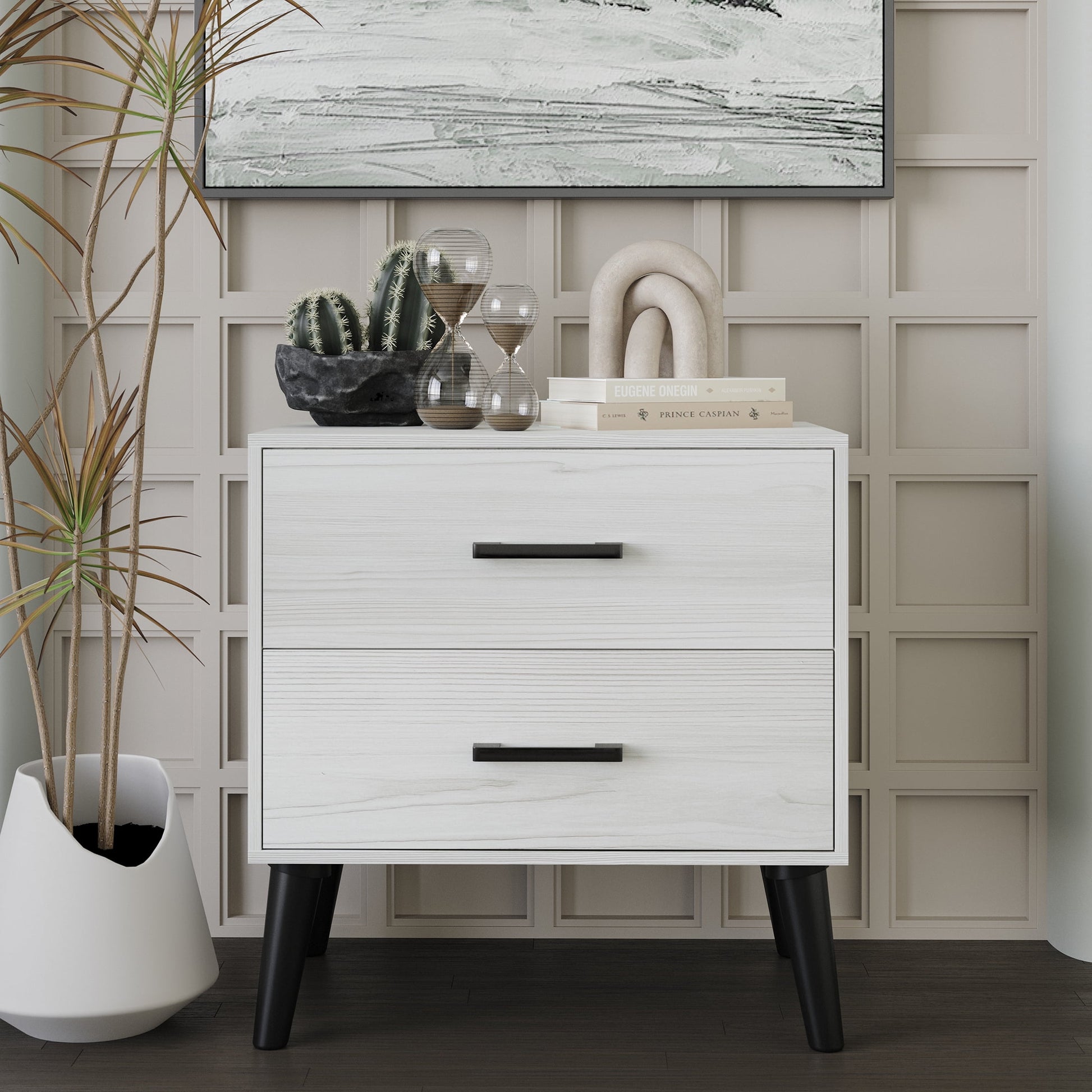 Castle Place Rustic 2 Drawers Wooden Nightstand, Light Grey