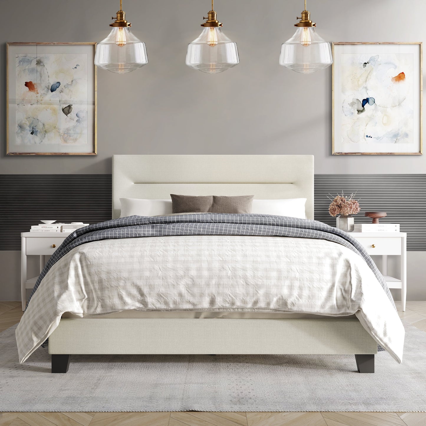 Castle Place Simple Linen Upholstered Full Bed, Beige