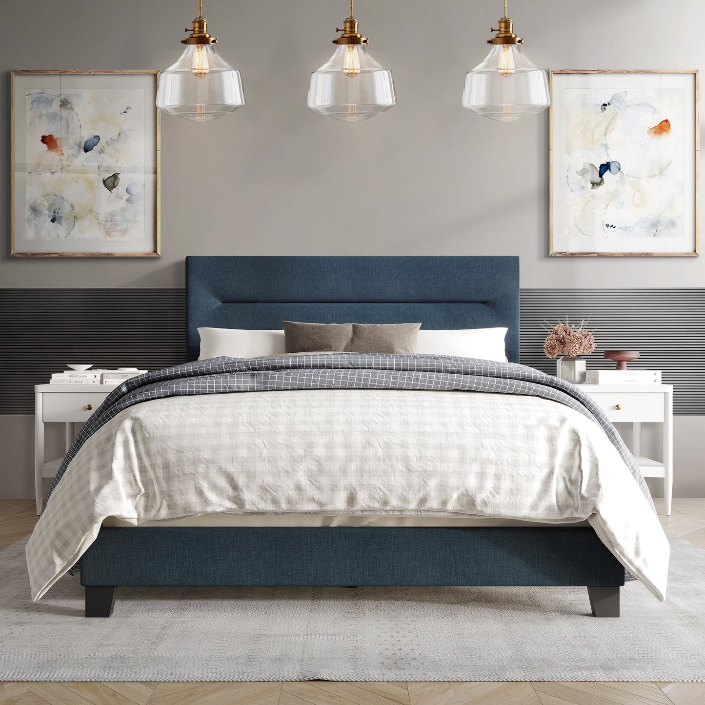 Castle Place Simple Linen Upholstered Full Bed, Blue