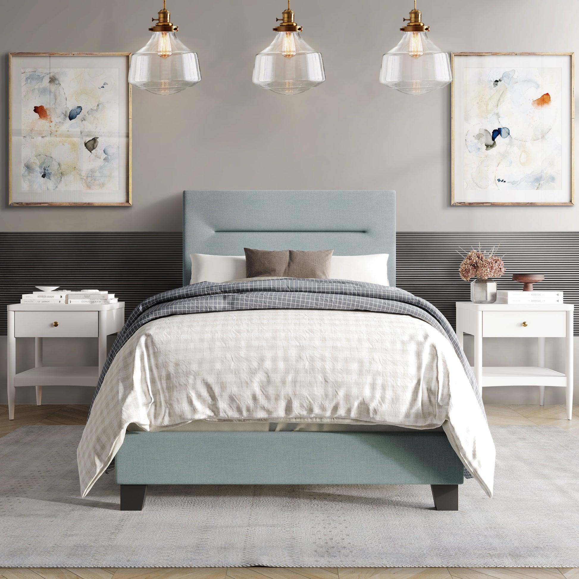 Castle Place Simple Linen Upholstered Twin Bed, Light Blue
