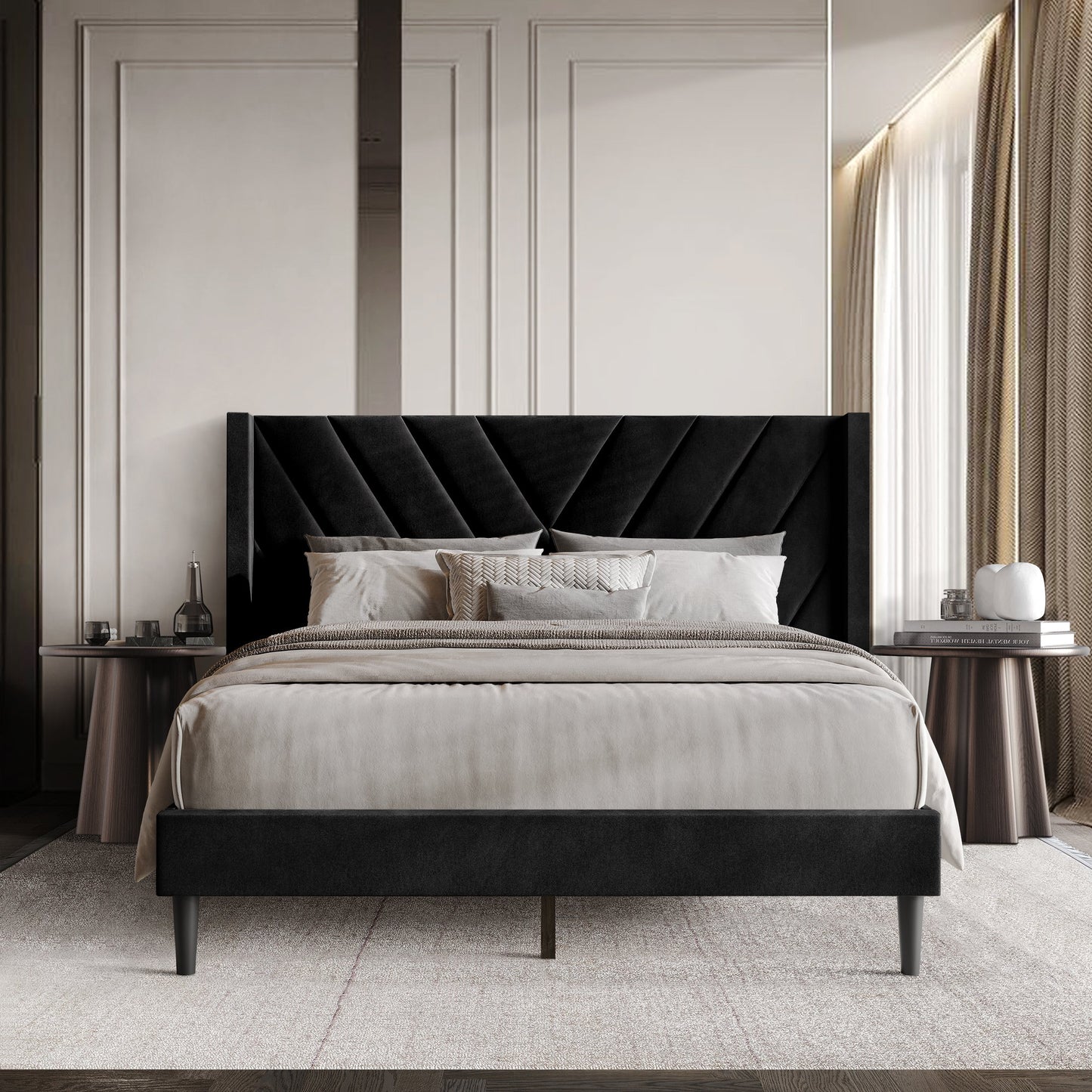 Castle Place Sophisticated Wingback Velvet Upholstered Twin Platform Bed, Black