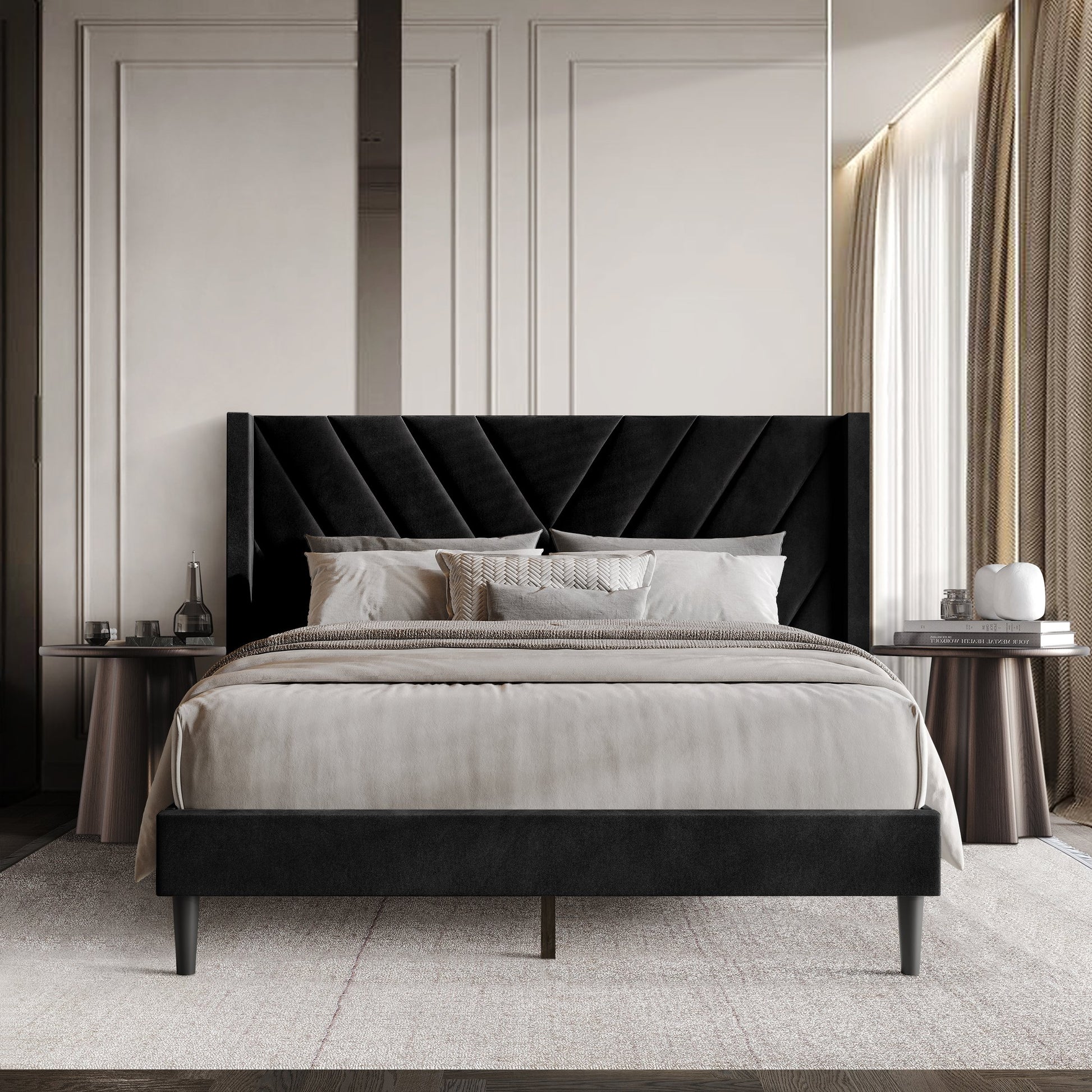 Castle Place Sophisticated Wingback Velvet Upholstered Twin Platform Bed, Black